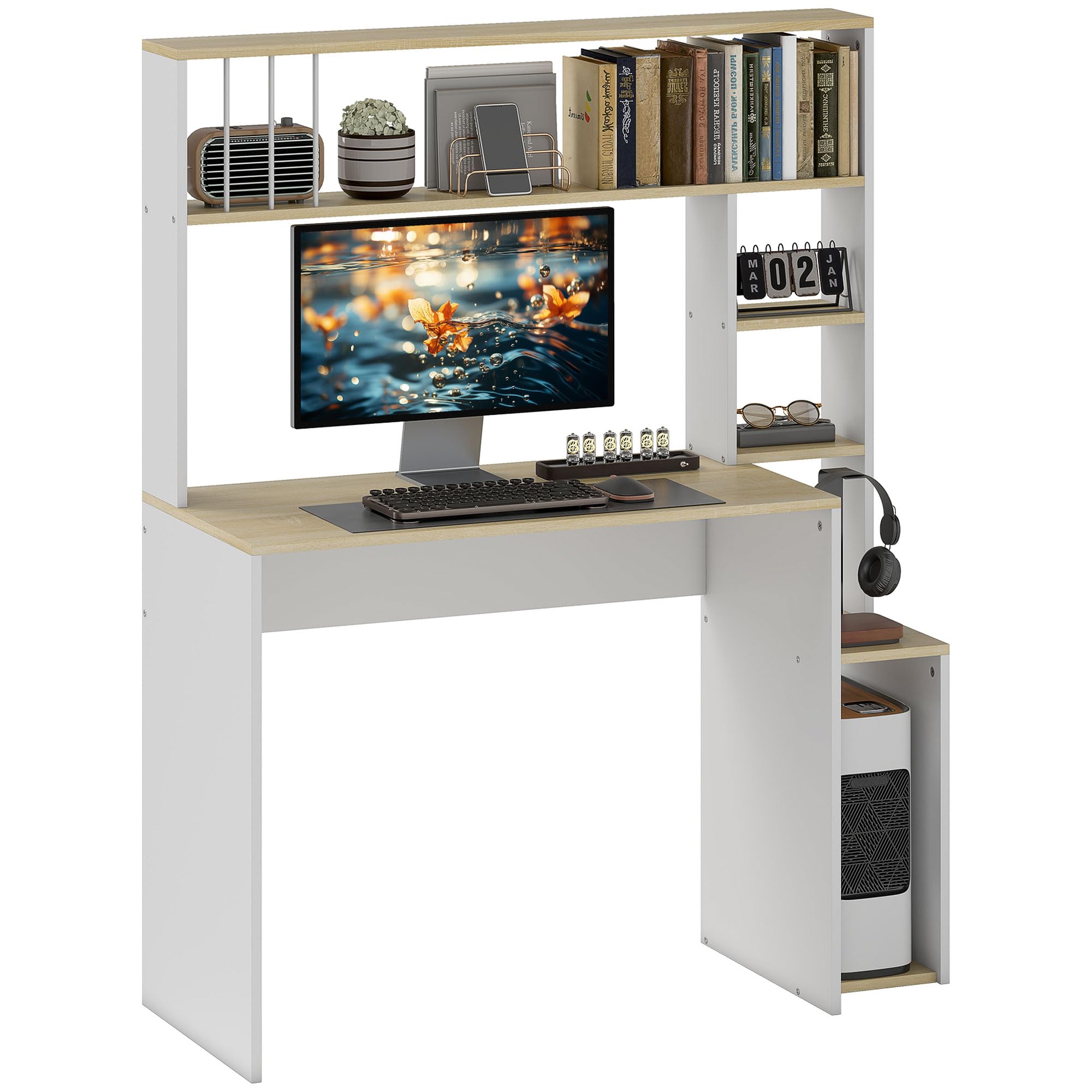 desk per ufficio con 5 scaffalature e sostegno monitorio per camera da letto e studio, in noce