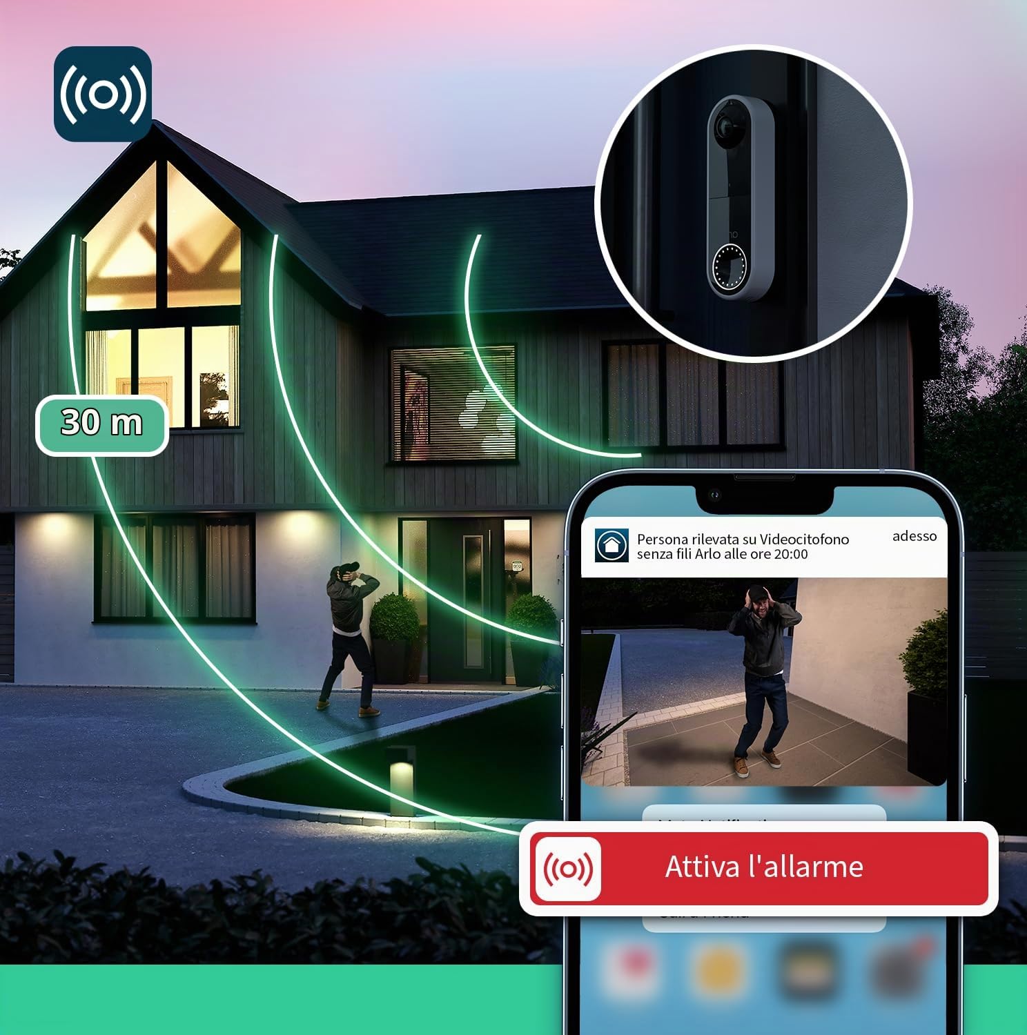 Arlo Videocitofono,Telecamera WiFi Esterno Senza Fili, Campanello Senza Fili Da Esterno, 1080p HD, Citofono Smart, Sensore Di Movimento, Interfono Casa, Sirena, Prova Arlo Inclusa Secure, Bianco