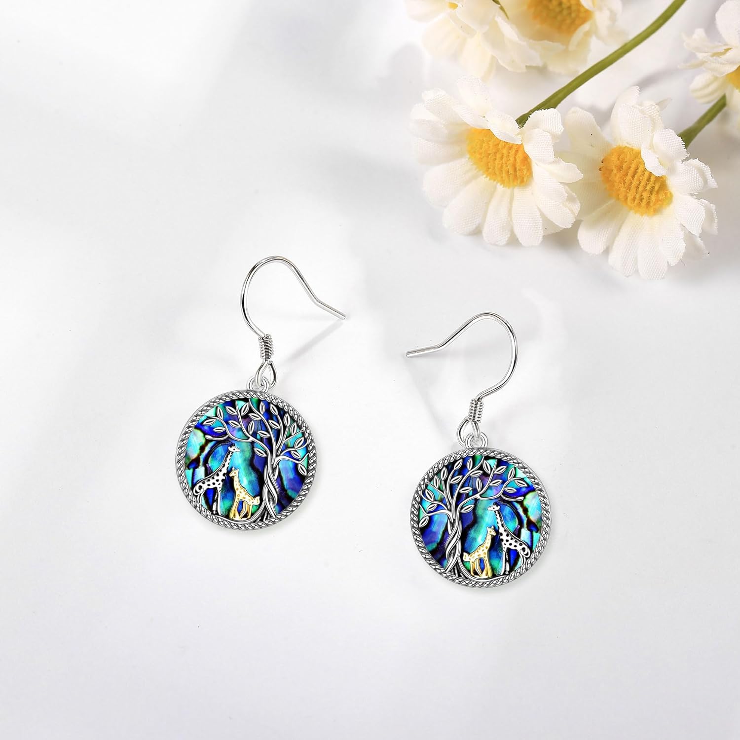 ONEFINITY Giraffe Tree of Life Earrings Sterling Silver Giraffe Abalone Shell Dangle Drop Earrings for Women Jewelry Gifts