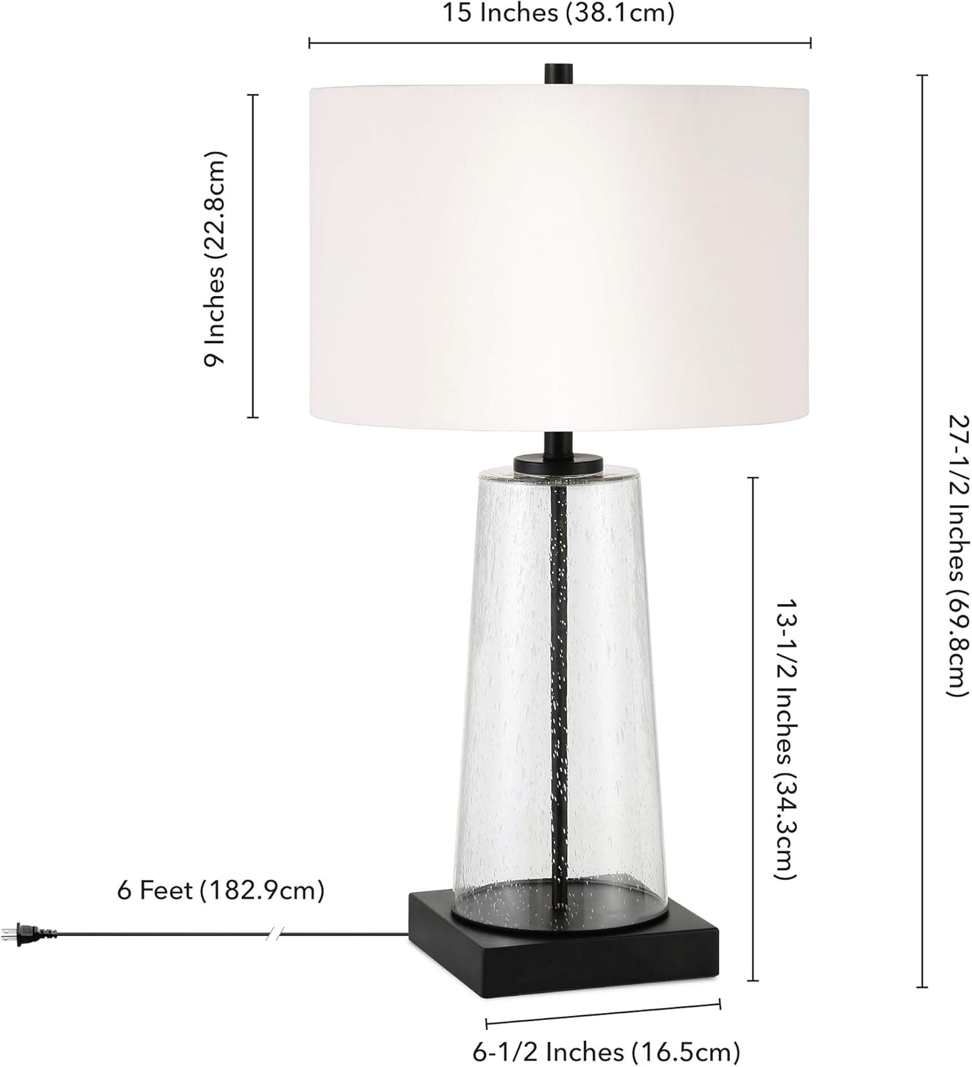 Dax 27.5" Tall Table Lamp with Fabric Shade in Seeded Glass/Blackened Bronze/White