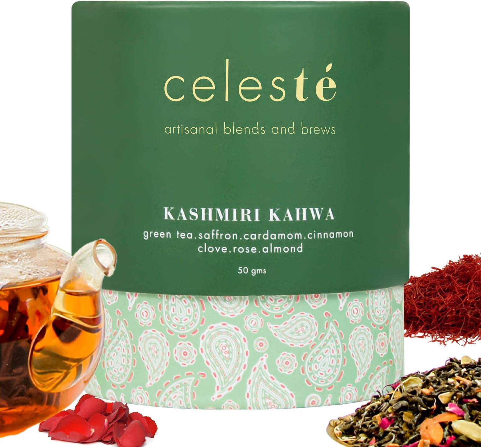 Kashmiri Kahwa Loose Leaf Tea | Premium Blend with Saffron, Cardamom, Cinnamon, Clove, Rose & Almond | 100% Natural Loose Leaf Green Tea, (1.76 oz) (50 gm) (25 Cups)