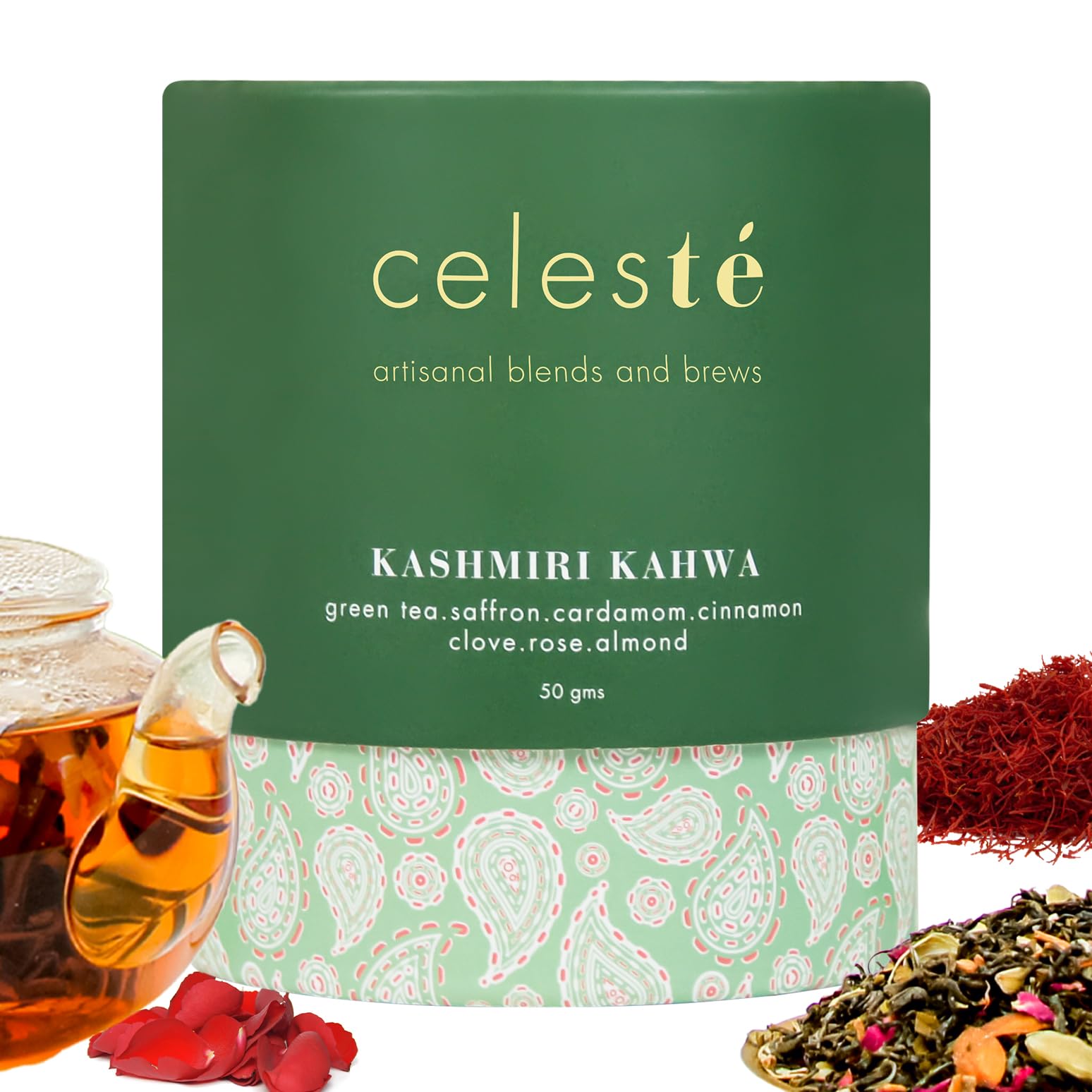 CelesTe Kashmiri Kahwa Loose Leaf Tea | Premium Blend with Saffron, Cardamom, Cinnamon, Clove, Rose & Almond | 100% Natural Loose Leaf Green Tea, 50g (1.76 oz) (50 gm) (25 Cups)