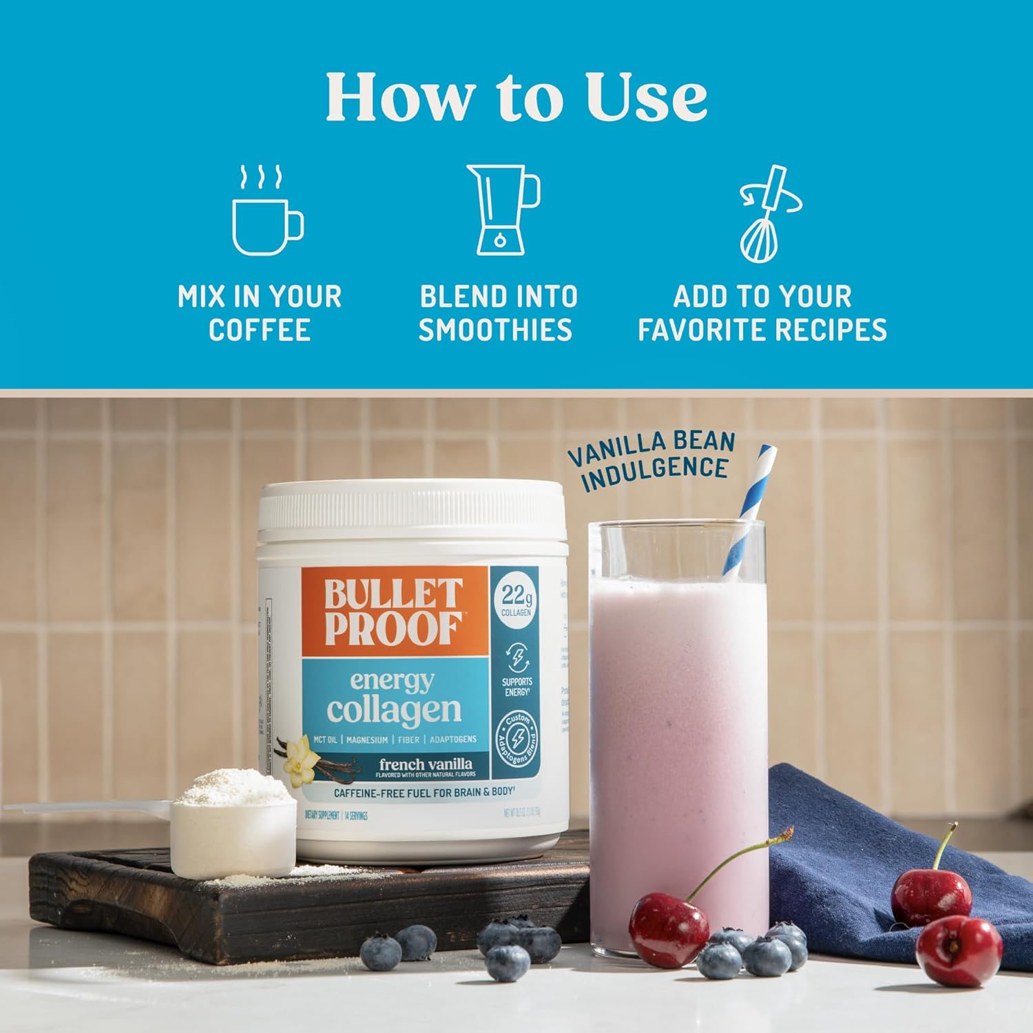 Bulletproof Energy Collagen Protein Powder, Vanilla Bean, 20g Grass-Fed Collagen Peptides, 7g Fiber with MCT Oil & Adaptogens, Caffeine-Free, 18.3 Ounces - Image 6