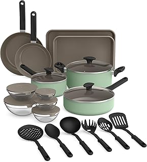 21 Piece Kitchen Set with EverGood™ Ceramic Nonstick Coating, Dishwasher & Oven Safe, All Stovetops Compatible, Tempered Glass Lids & Cool Touch Handles, Seaglass