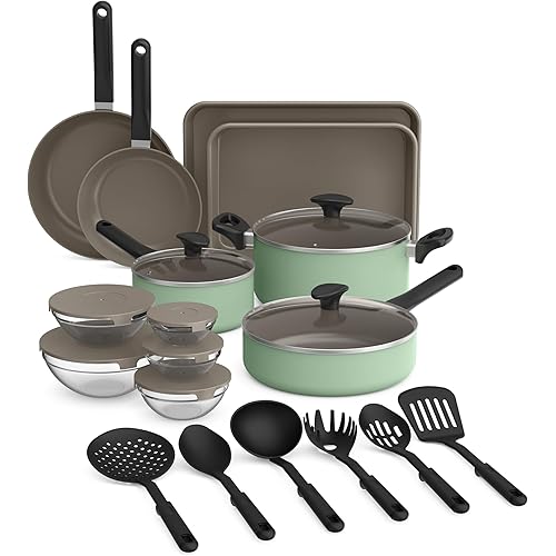 bella 21 Piece Kitchen Set with EverGood™ Ceramic Nonstick Coating​, Dishwasher & Oven Safe, All Stovetops Compatible, Tempered Glass Lids & Cool Touch Handles, Seaglass