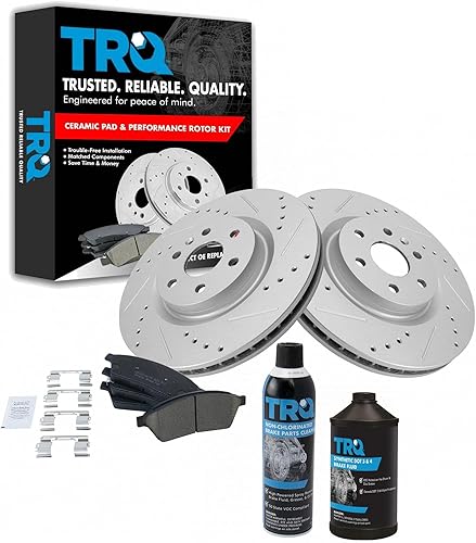 TRQ Kit de pastillas de freno y rotor de rendimiento delantero, kit de productos químicos de freno, pastillas de freno, rotores de freno de cerámica