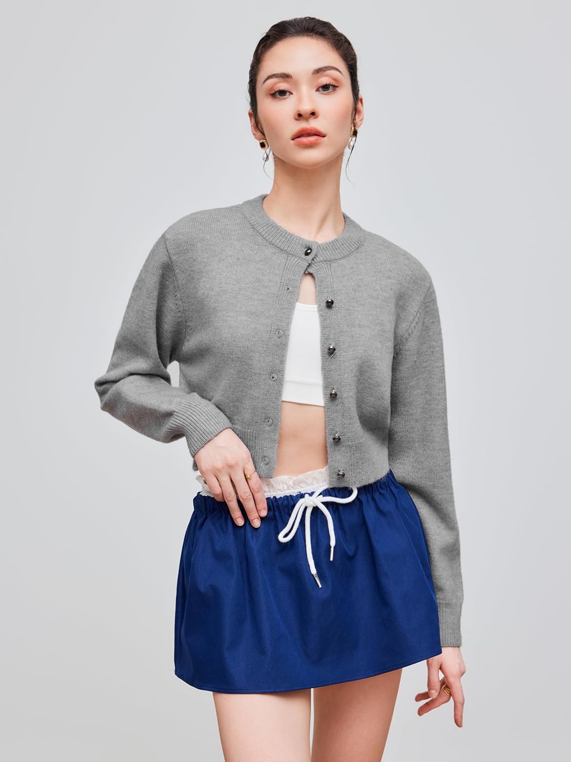 CIDER Women’s Cropped Cardigan Button Down Long Sleeve Crew Neck Lightweight Knit Sweater Top