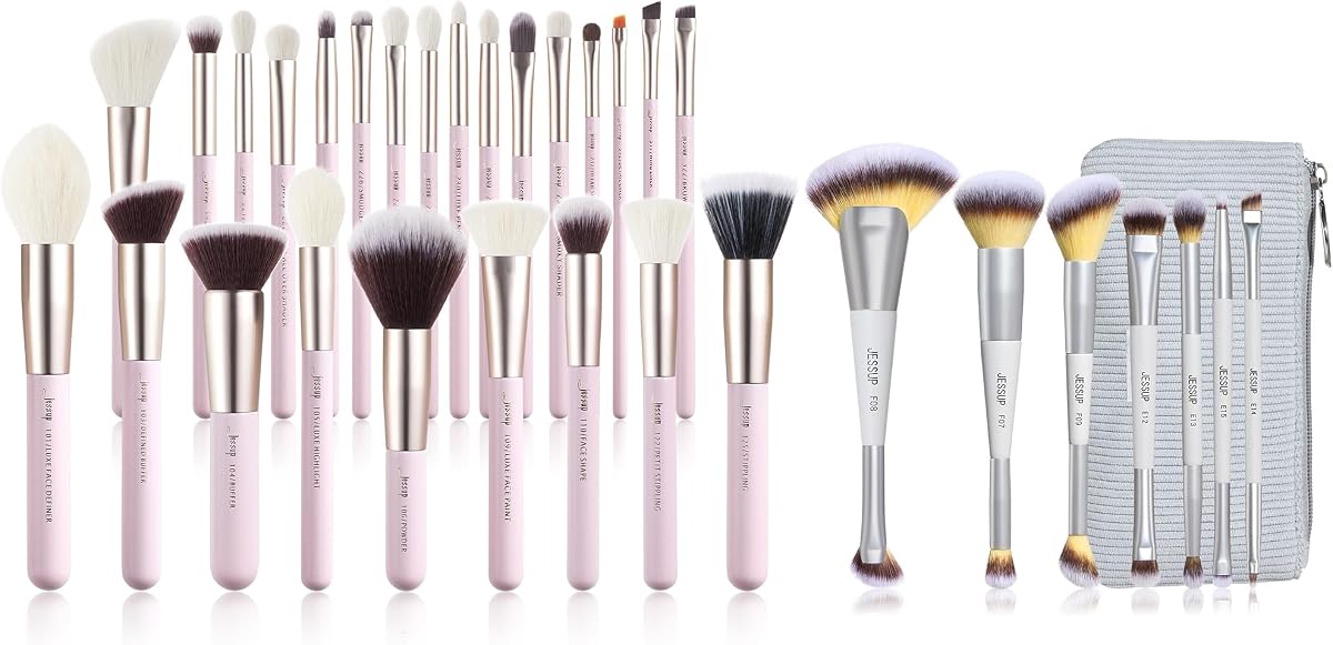Jessup Juego de brochas de maquillaje profesional 25 piezas con etiqueta T290 incluido con juego de brochas de maquillaje 7 piezas de doble extremo con bolsa gris silencioso T520