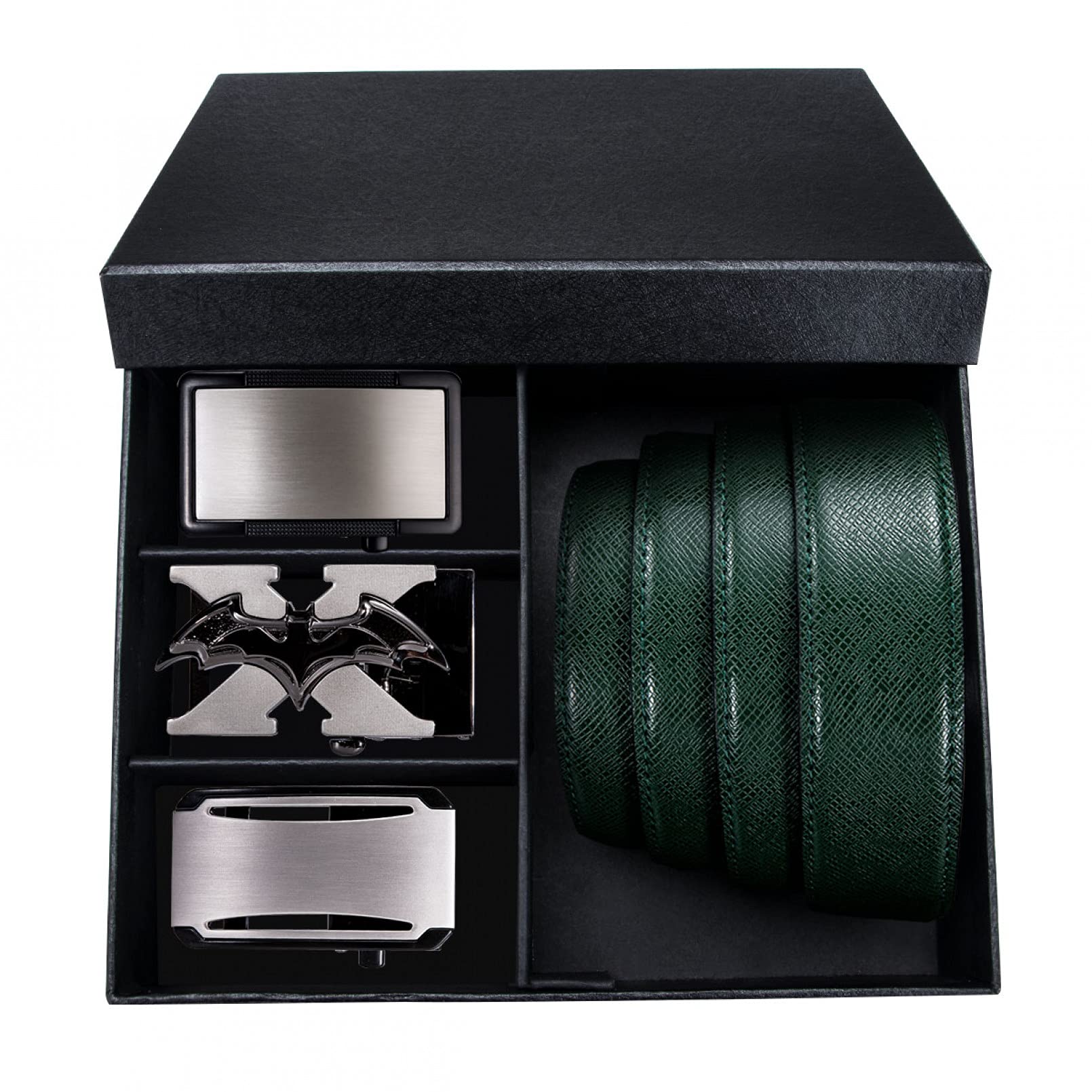 BAJIE Herrengürtel Grün Herrengürtel 3,5 cm Designer Gold Schwarz Metall Automatik Schnallengürtel Herren Geschenkbox Set mit DREI Schnallen