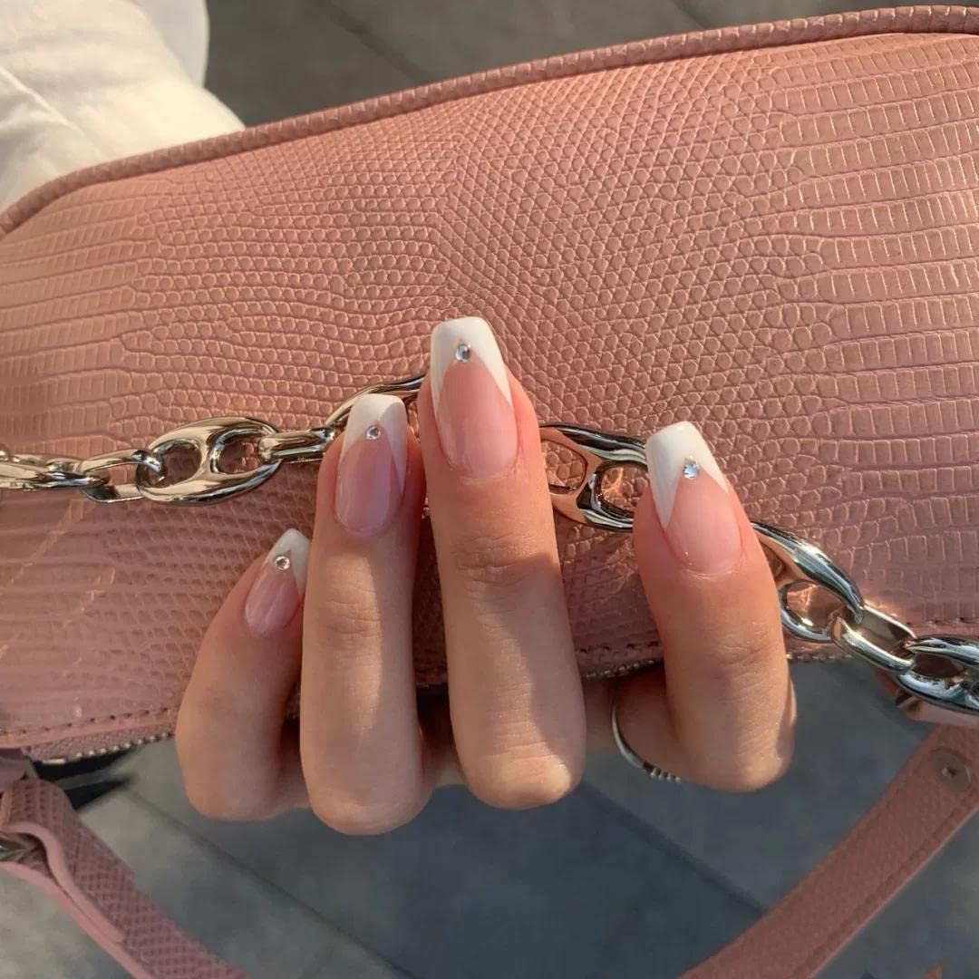Nakhi 24 Reusable Artificial Fake Nail Set |Peach White Design With Golden Diamond Short Nails | Lightweight & Long Lasting| Quick Fix For Festivals & Special Occasions-image-33