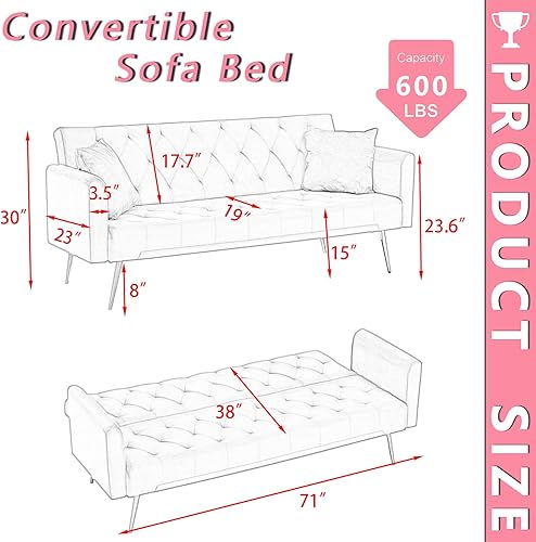 Miniatura 2 de Majnesvon Sofá cama tipo futón rosa de 71 pulgadas tela de terciopelo de espuma viscoelástica, 2 almohadas de pies de metal dorado, respaldo