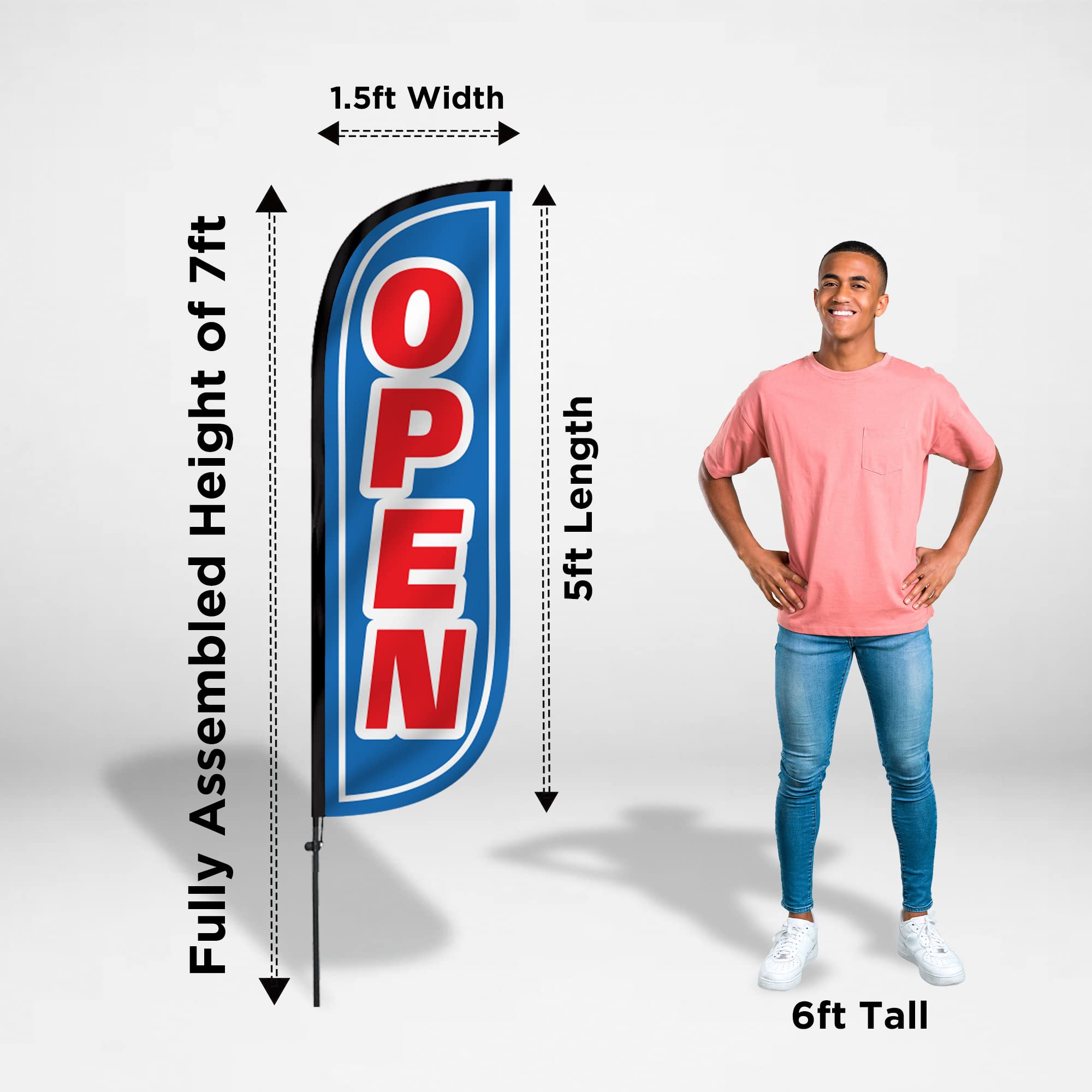 LookOurWay Open Themed 5-Feet Tall Feather Flag Banner for Business Advertising, Complete Set with Aluminum Fiberglass Pole Set and Ground Spike