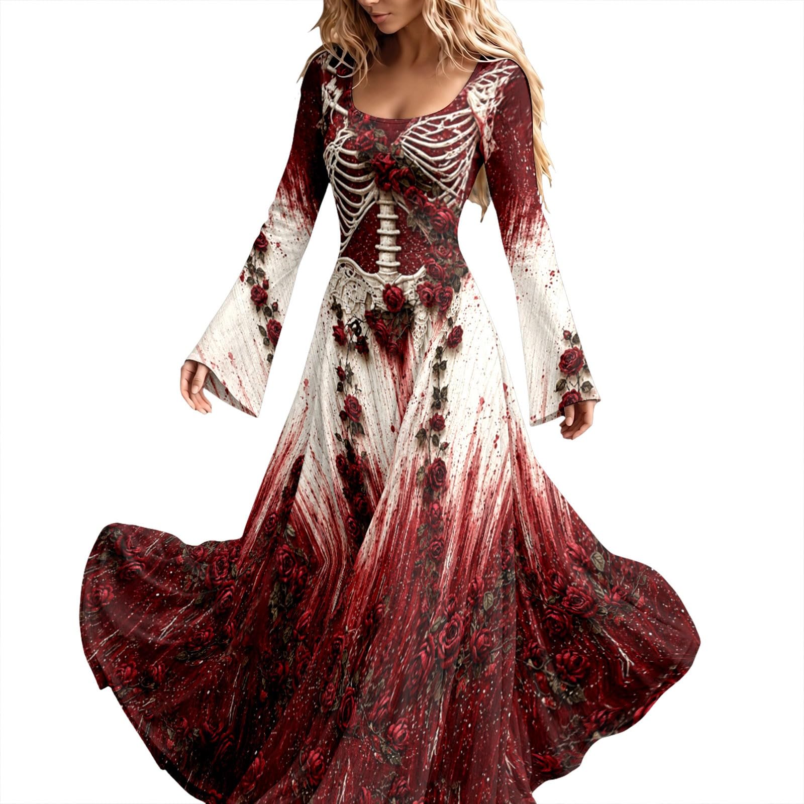 Halloween Dresses for Women UK, Skeleton Rose Maxi Dress, Gothic Costume