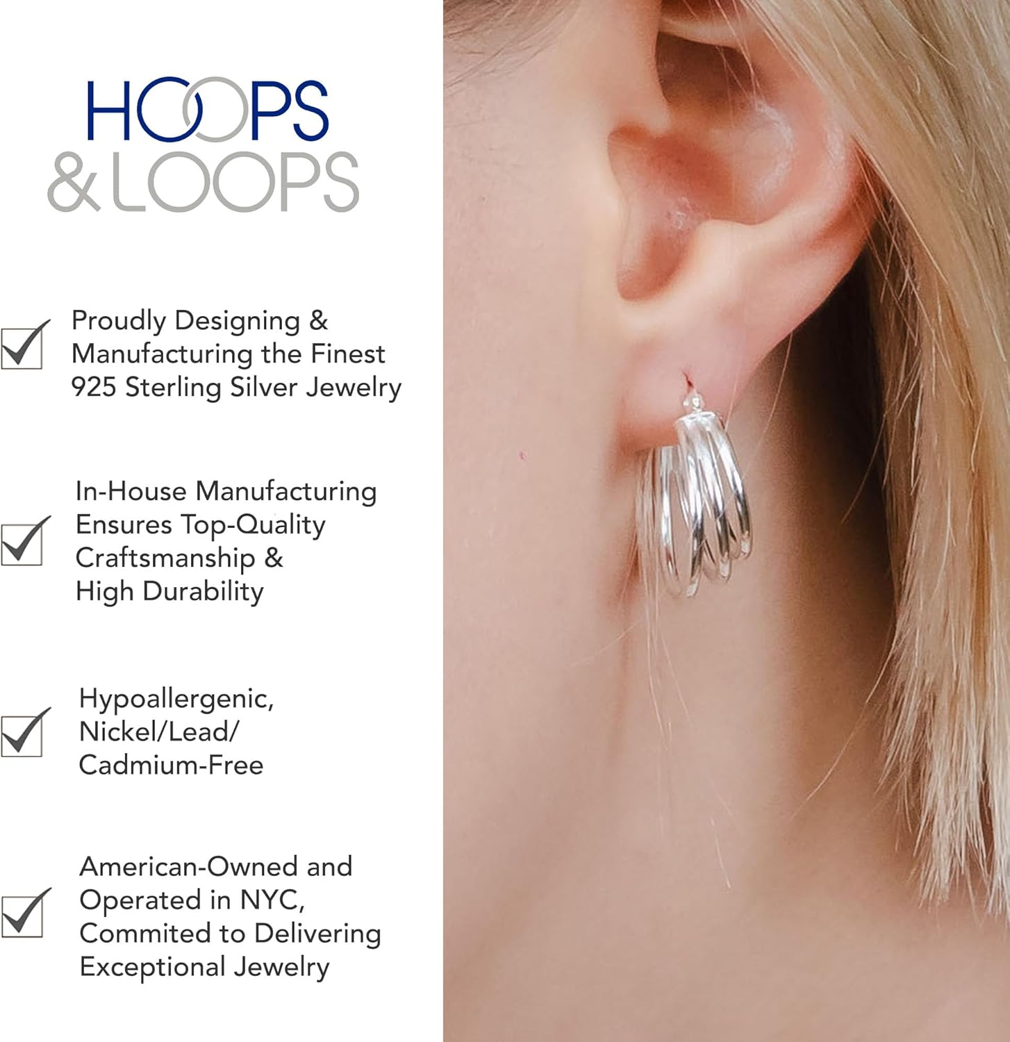 Hoops & Loops 925 Sterling Silver Triple Hoop Earrings for Women, Layered Stacked Trendy Round-Tube High Polished Hoops, Two-Tone 14K Gold, Rose Gold Flash Plated 20mm, 25mm, 30mm, 35mm - Image 3