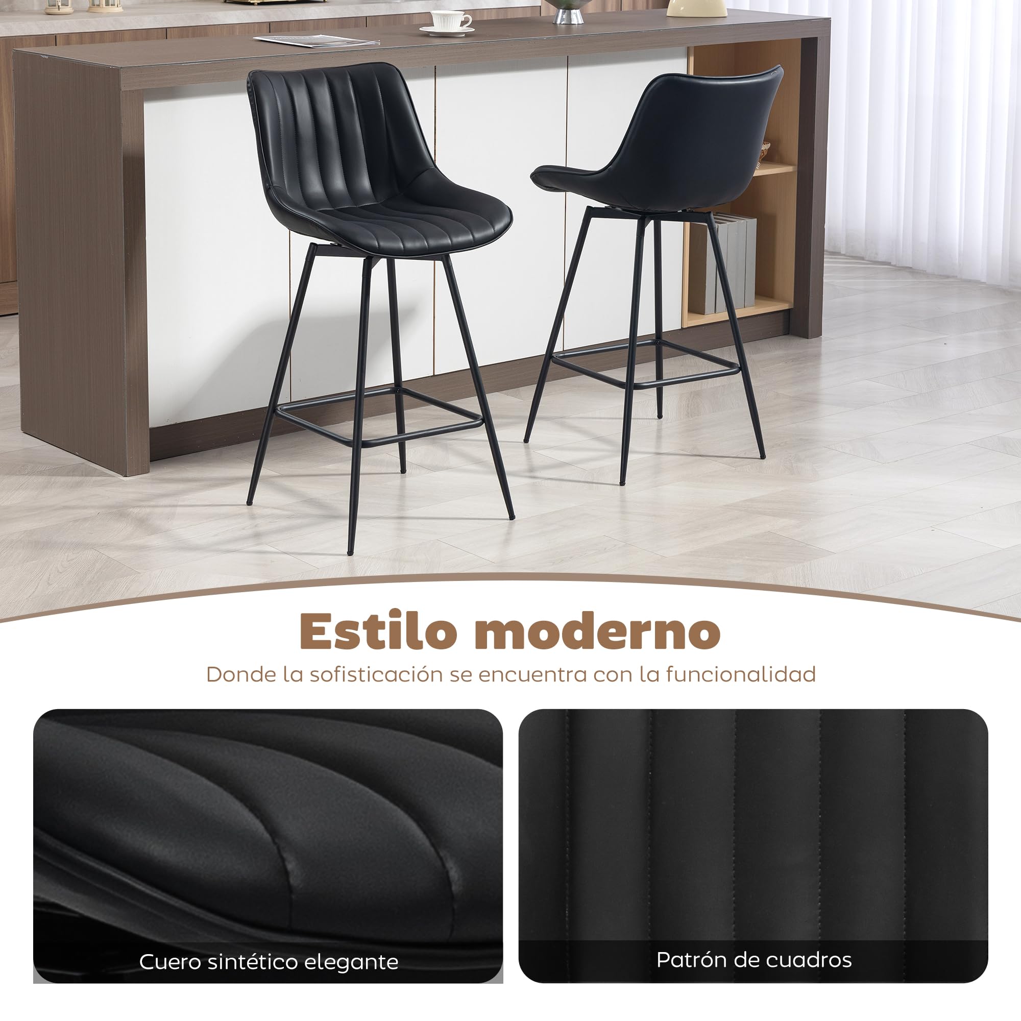 HOMCOM Juego de 2 Taburetes de Bar Giratorios con Reposapiés Negro | Taburetes Altos de Cocina con Respaldo Curvado, Tapizado en PU, Marco de Acero, Sillas Altas de Cocina para Comedor, Salón