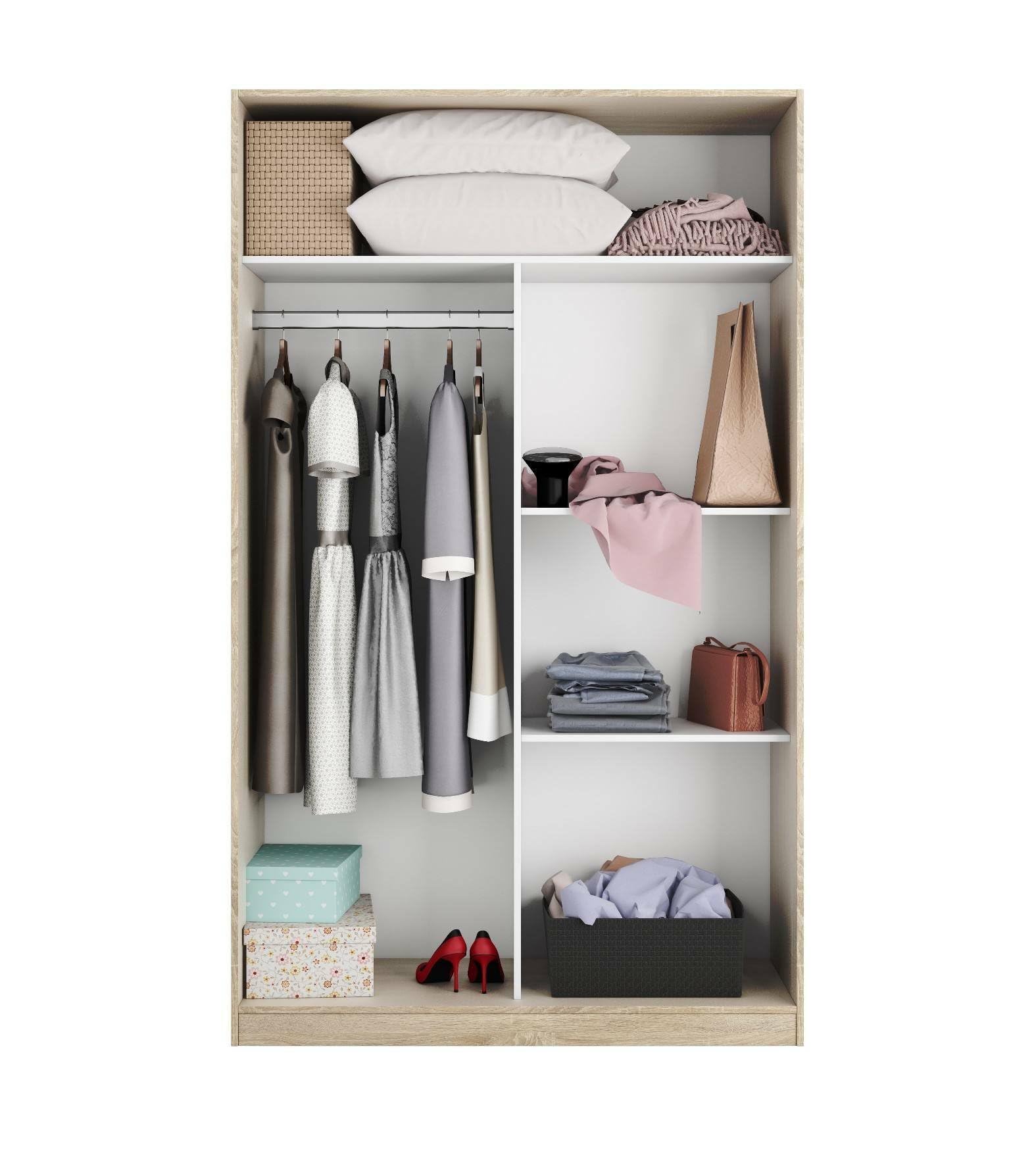 Dmora - Guardaroba 2 ante Waterbury, Armadio per camera da letto, Mobile con 4 ripiani e barra appendiabiti, 120x50h200 cm, Rovere e Bianco