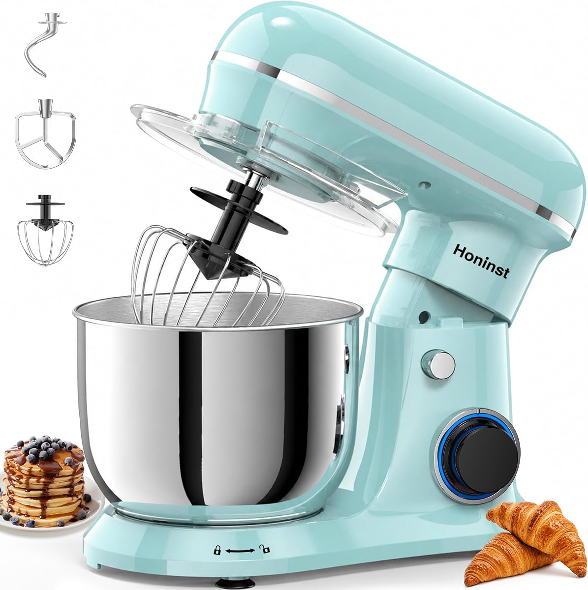 Batidora eléctrica Honinst 4QT, batidora de cocina compacta con cabezal inclinable de 10 velocidades | Múltiples colores elegantes | Mezclador de alimentos con gancho para masa, batidor y batidor | para pastel y pan | Apto para lavavajillas | Azul