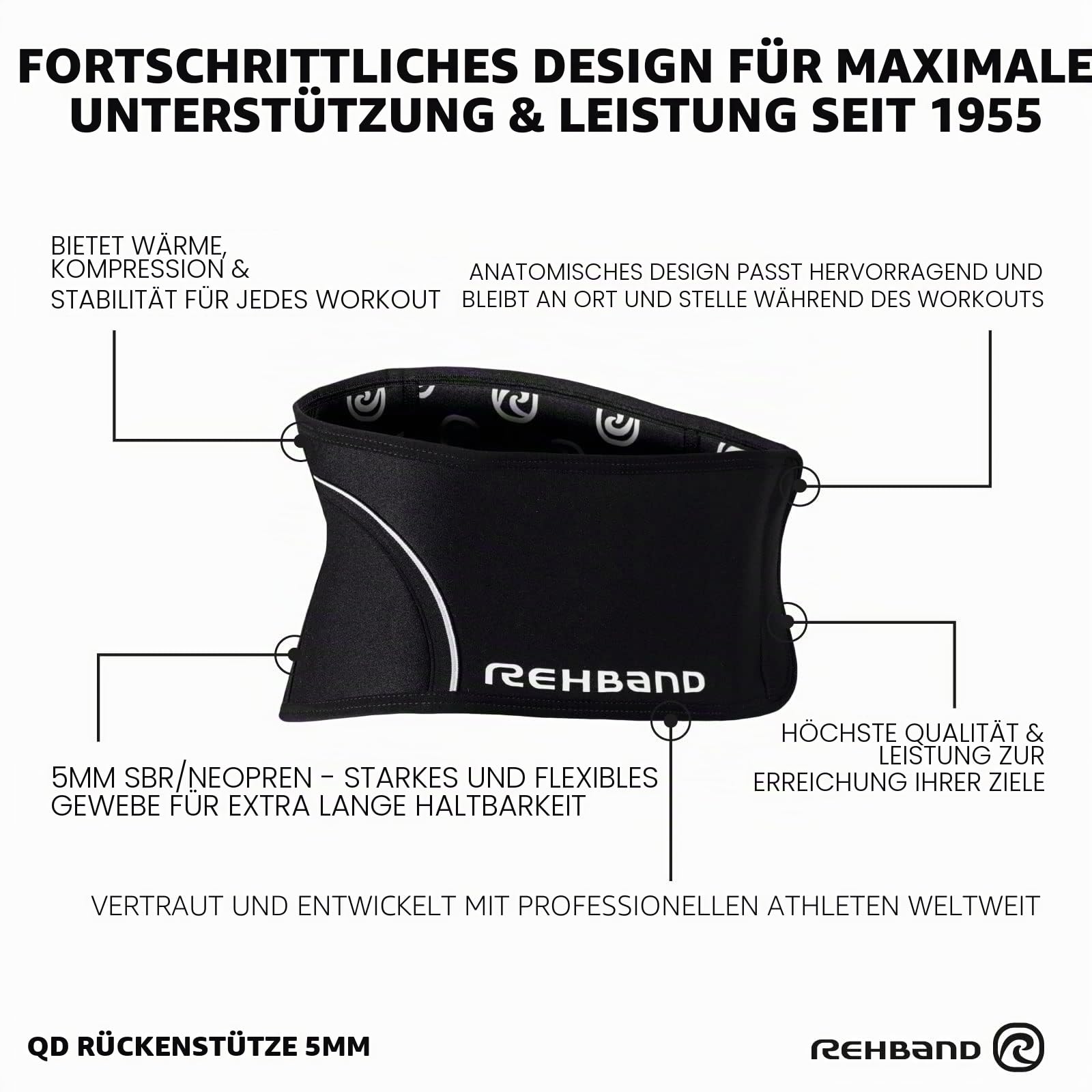 Rehband Rückenbandage Schwarz, Rückenstützgürtel aus 5mm SBR/Neopren, Stabilisationsgürtel für Rücken & Lendenwirbelsäule, Farbe:Schwarz, Größe:L