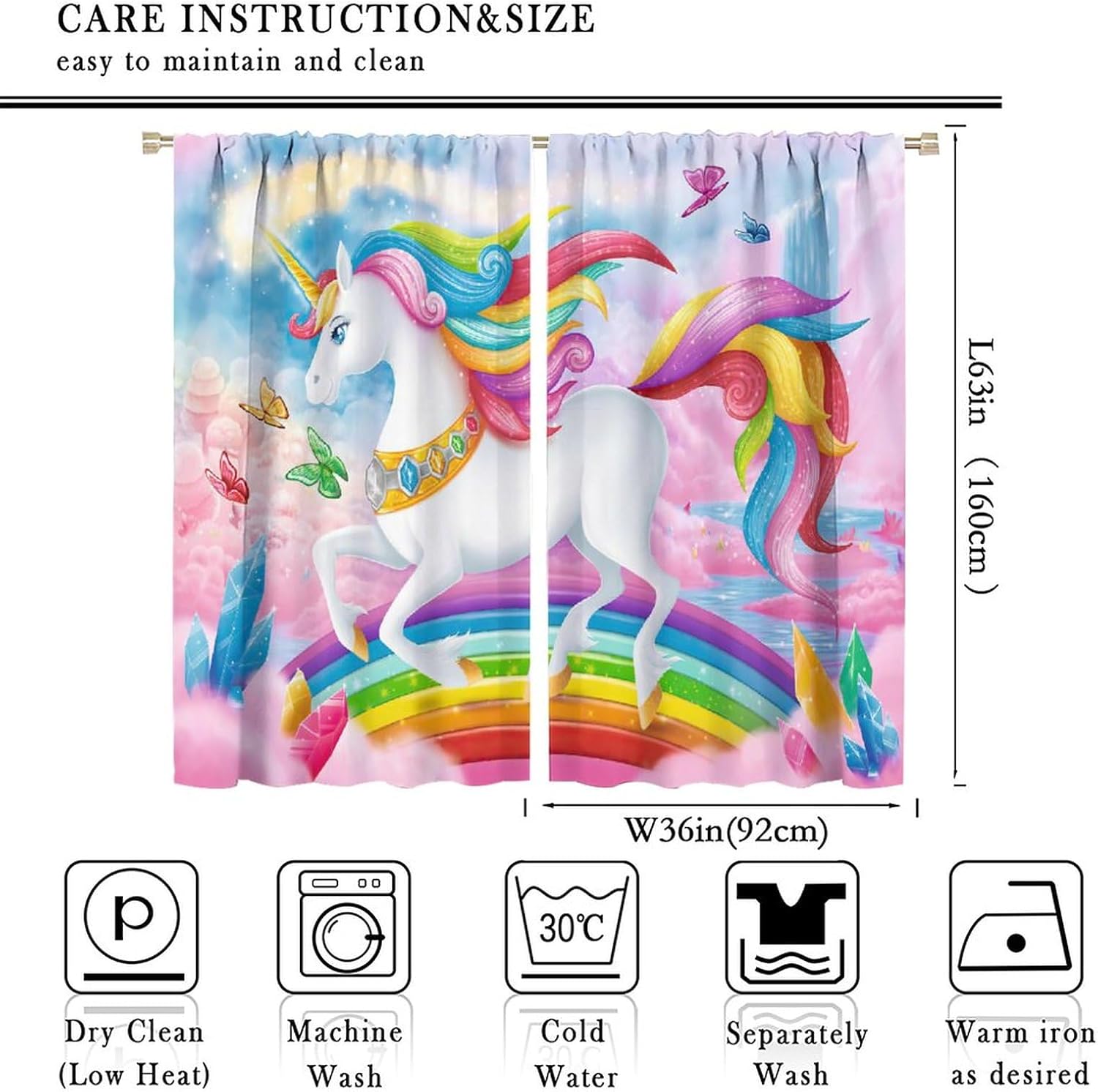 Unicorn Curtains - Pink Kids Cartoon Room Darkening Decor - 72x63 Inch, 2 Panels