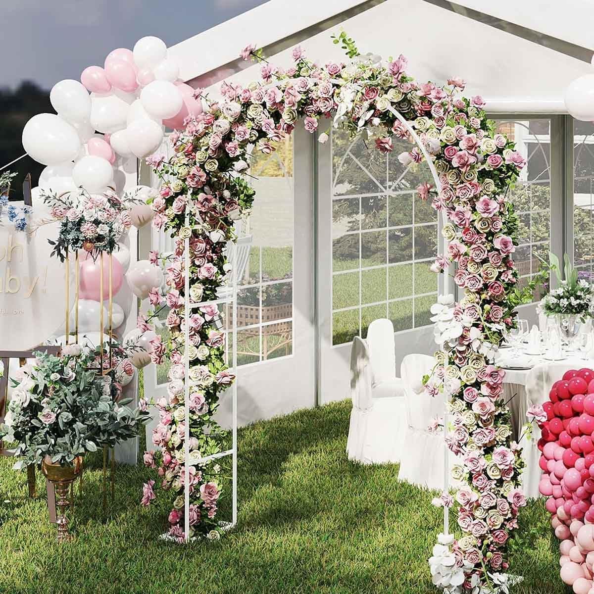 Robusto traliccio ad arco da giardino in metallo per piante rampicanti, dimensioni da 120 cm a 240 cm, elegante pergolato per matrimoni da esterno/interno, pergolato per cortile, prato, patio (bianco