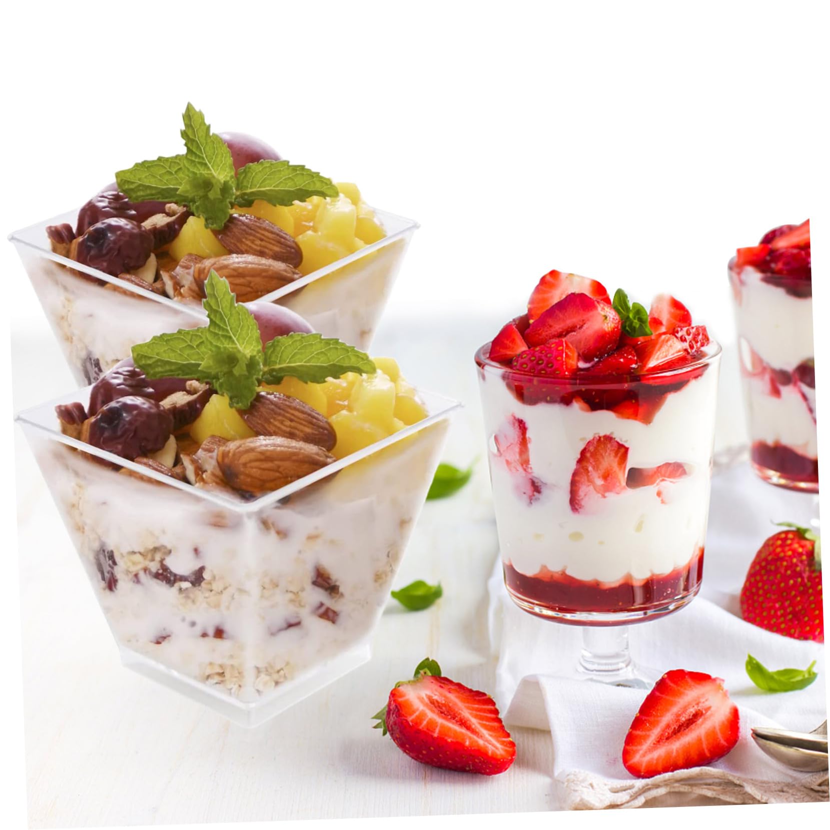 PRETYZOOM 20pcs Small Square Mousse Dessert Cup Appetizer Cups with Spoon Party Pudding Cup Trifle Bowl Replaceable Dessert Cup Delicate Mousse Cup Yogurt Parfait Container Transparent