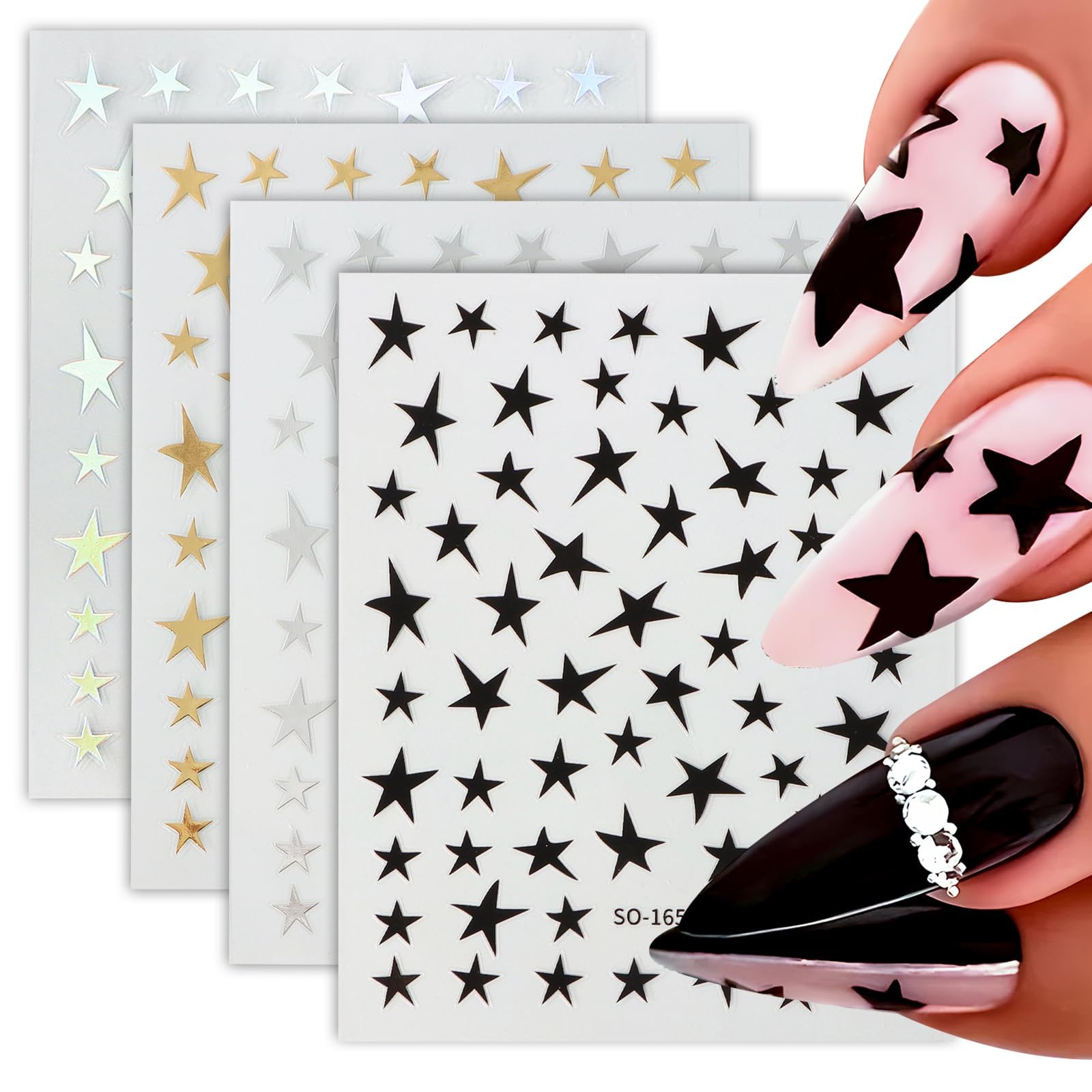 4 Sheets Star Nail Stickers Gold Silver Black Self Adhesive Christmas Nail Art Stickers Nails Decorations