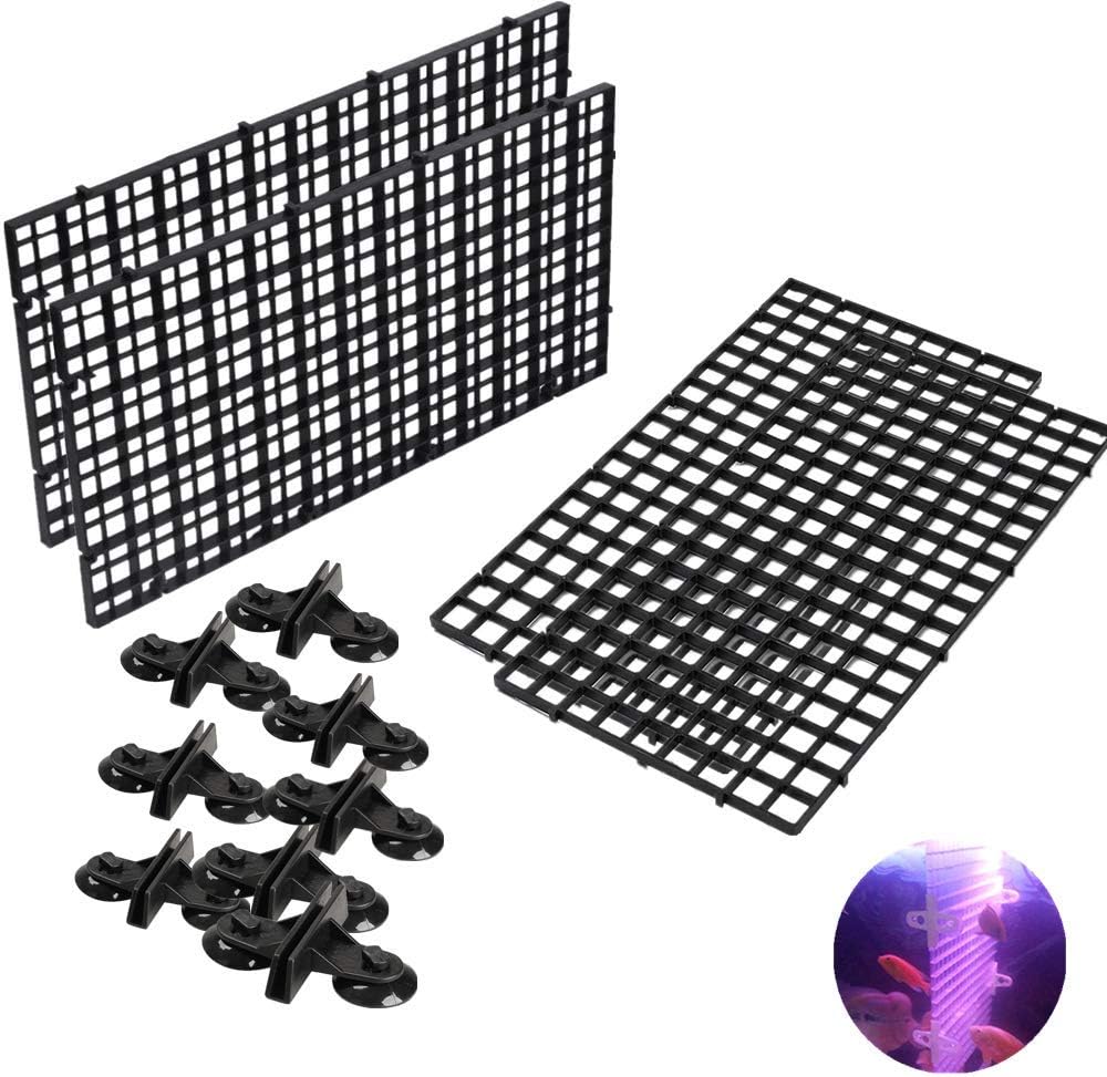 Chnee 4 Pcs Aquarium Divider Tray Plastic Grid Aquarium Egg Crate Light Diffuser, Fish Tank Divider Filter Bottom Isolation with 8 Pcs Sucker Clip(Black)