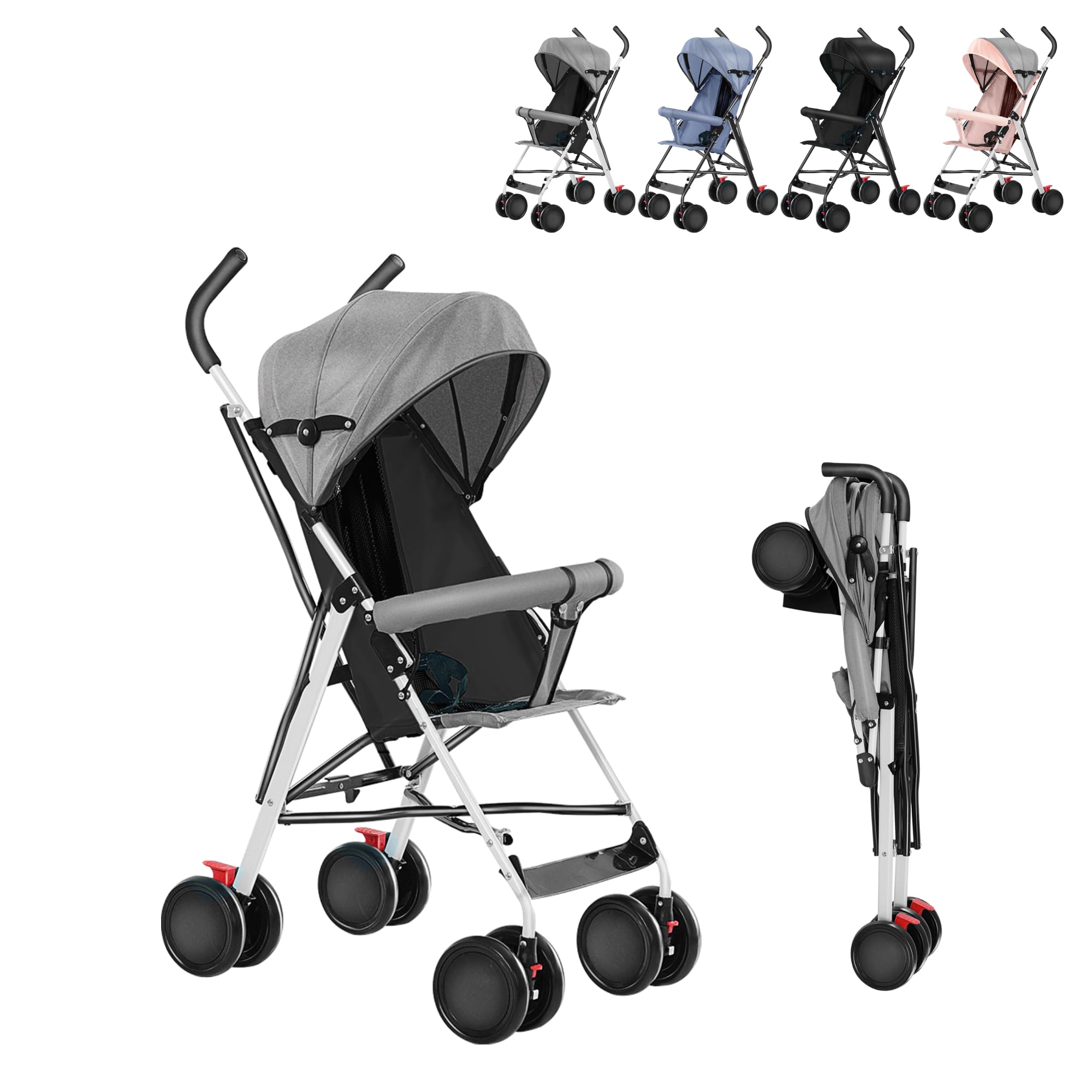 Passeggino a canna compatto e pieghevole con tappeto fresco Passeggino da viaggio pieghevole Passeggini compatto da 6 mesi a 4 anni, fino a 25 kg (grigio)