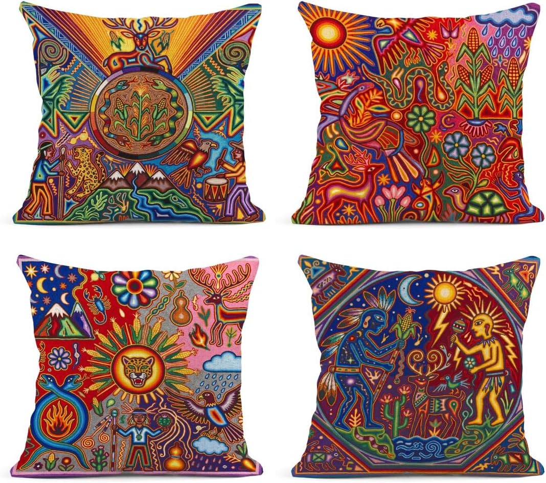ArtSocket Set of 4 Linen Throw Pillow Covers Mexican Huichol Decorative Pillow Cases Home Decor Square 18x18 inches Pillowcases