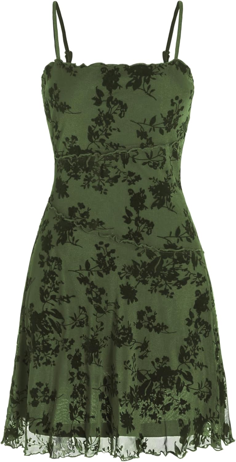 CIDER Women's Gothic Dresses Summer Mini Dress Lace Mesh Square Neck Sleeveless Spaghetti Strap Party Goth Y2K Fall