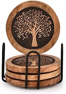 Kaizen Casa Coasters Set of 4 Acacia Wood Round Wooden Tree of Life Coasters forwith Iron Holder Stand for Drinks, Tabletop Protection for Any Table Type for Bar Kitchen (4" X 4" X 0.5)