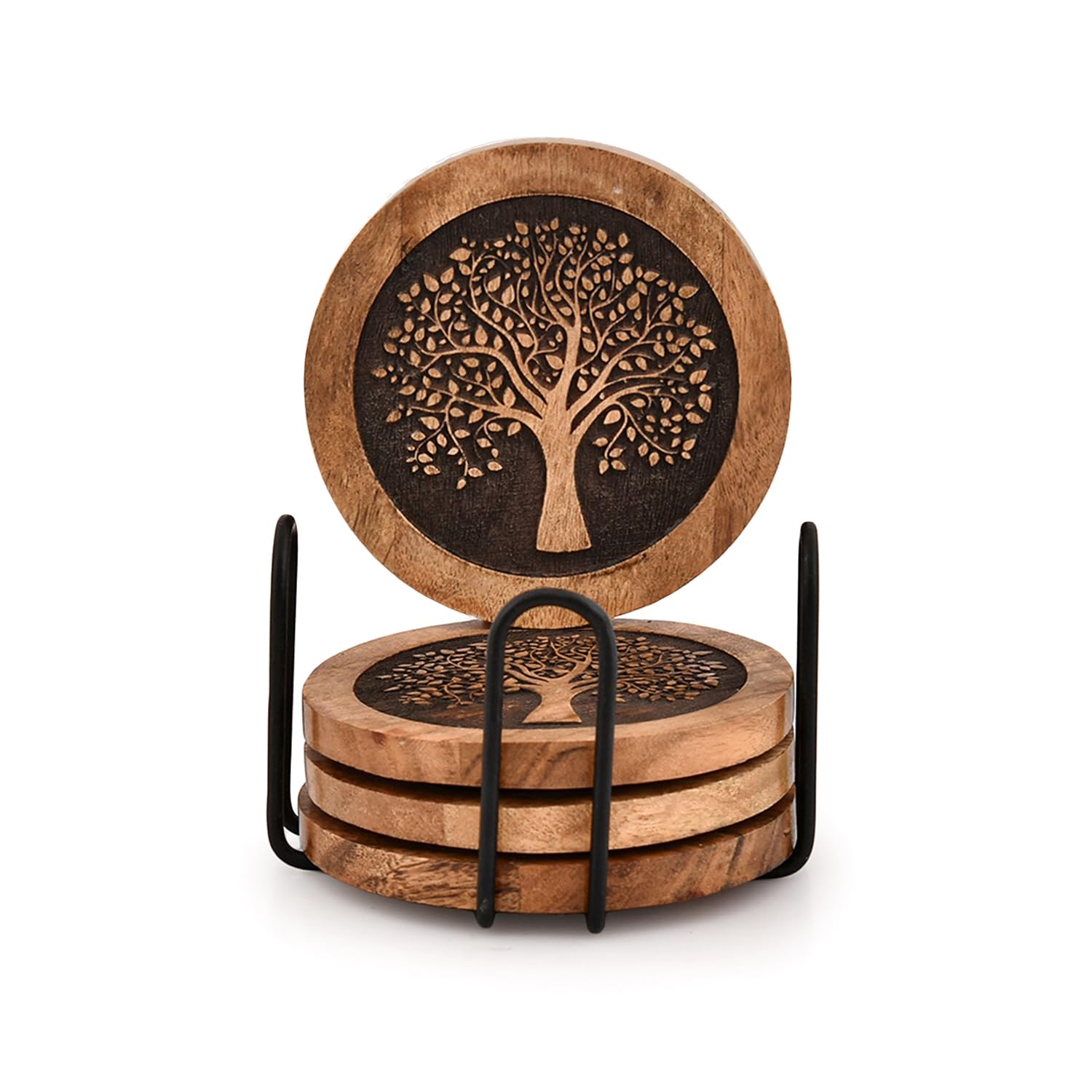 Indus Lifespace Coasters Set of 4 Acacia Wood Round Wooden Tree of Life Coasters forwith Iron Holder Stand for Drinks, Tabletop Protection for Any Table Type for Bar Kitchen (4" X 4" X 0.5)
