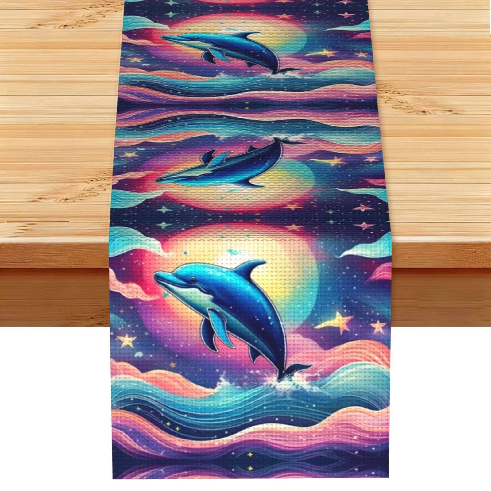 Dolphin Printed Kitchen Table Runner 13x72, Faux Linen Style Decor for Home Wedding Banquet Fireplace