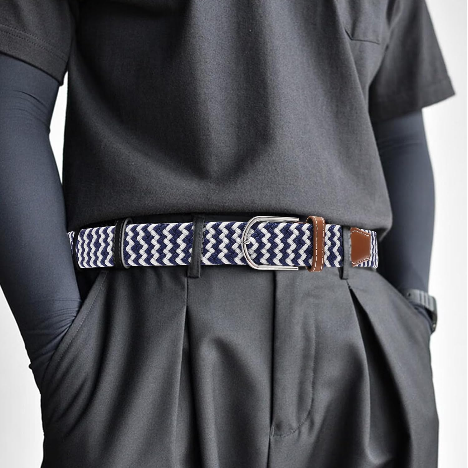 GAEKEAO Elastic Braided Belt for Men 1 3/8" Stretch Woven Belt for Golf Casual Pants Jeans - Black - Image 8