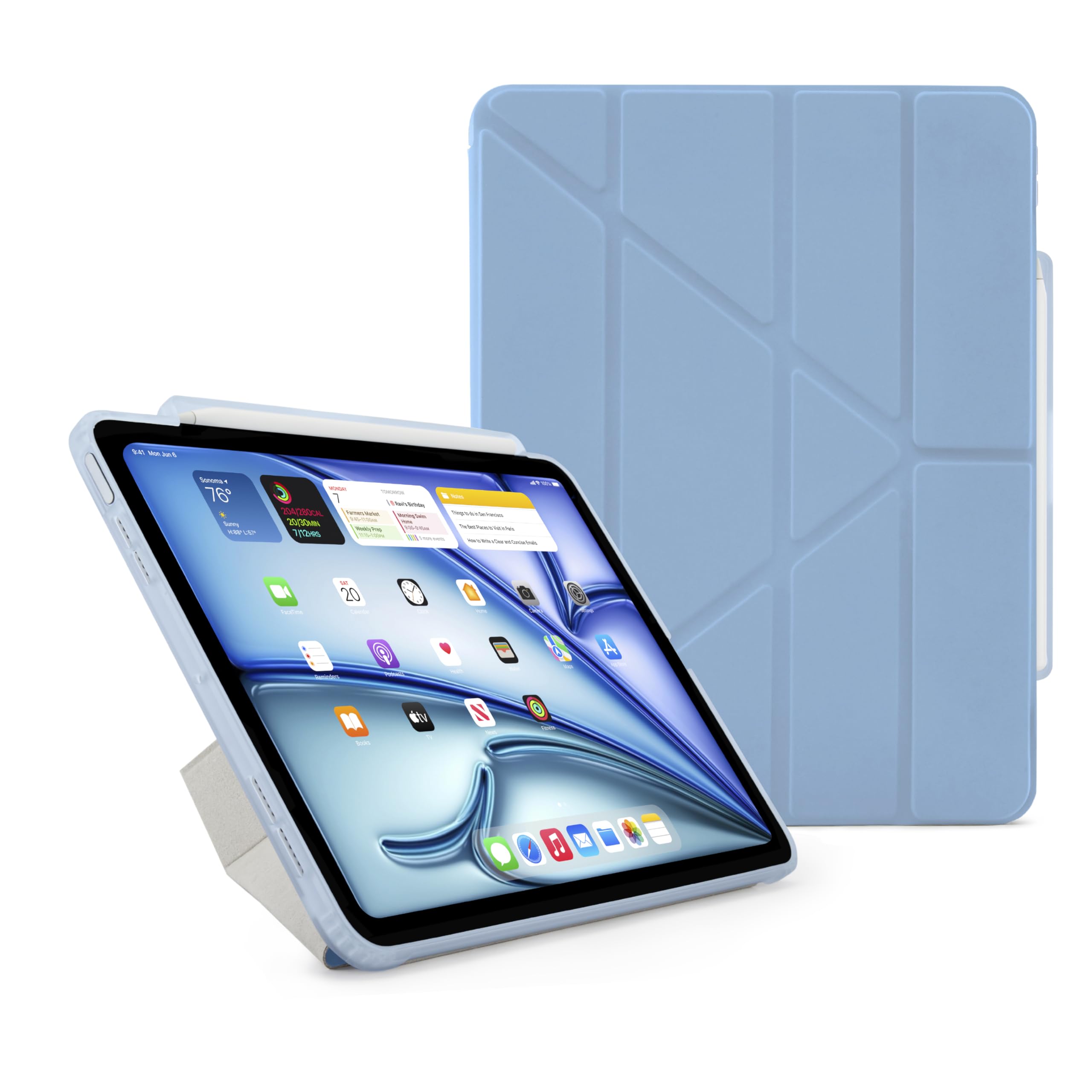 PIPETTO Origami No3 Pencil Case for iPad Air 13 (M4/M3/M2), Slim 5-in-1 Stand Cover with Hard Clear Back, TPU Bumper, built-in Pencil Holder - Light Blue
