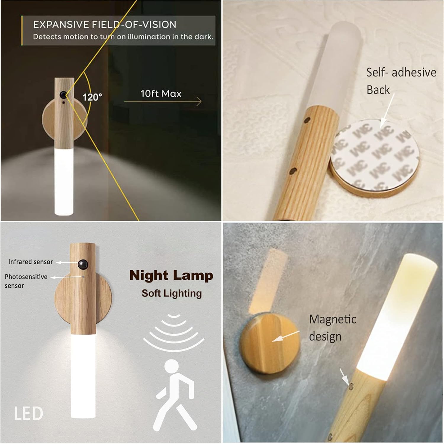 Motion Sensor Night Light Set of 2 Battery Operated Wall Lights 3-Modes USB Rechargeable Magnetic Wall Lamps Wireless Wall Sconces LED Mini Wood Stick On Portable for Bedroom Aisle Stairs
