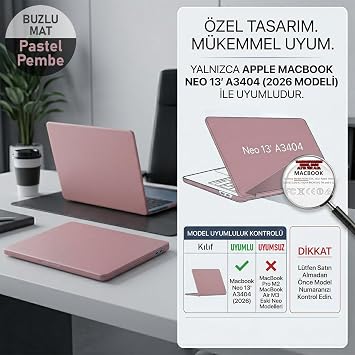 Apple Macbook Neo 13 İnç Uyumlu Kılıf A3404 (2026) Mat Buzlu Koruyucu Sert Kapak Pastel Pembe