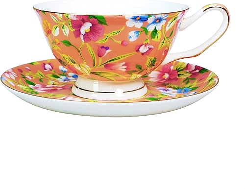 Miniatura 8 de Juego de taza de té y platillo estilo jardín real taza de café con platillo 7 onzas de porcelana de hueso y platillo (negro)