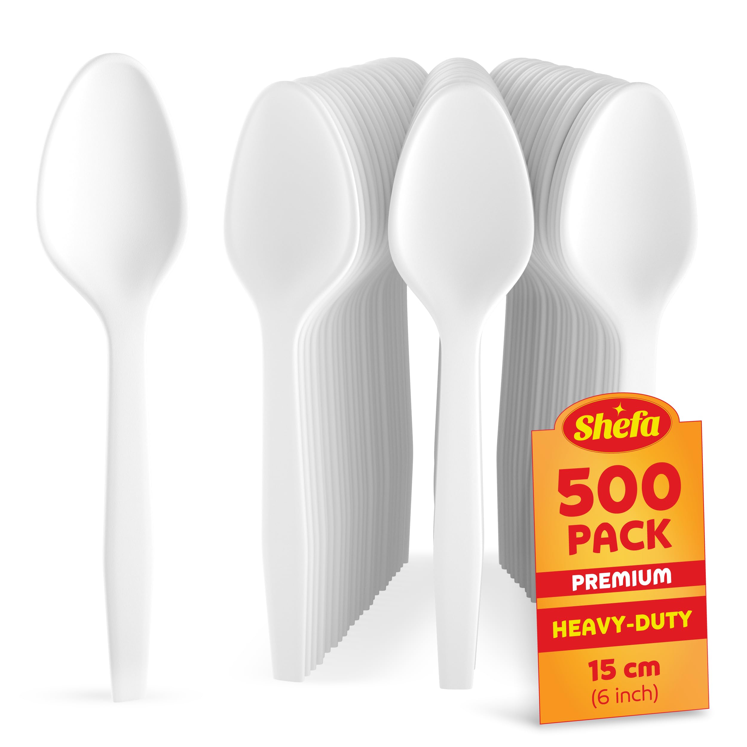 Shefa 500 Premium Spoons, Heavy Duty Re-usable Spoons, Microwave-Safe Tablespoon, 6" Long for Birthday, Parties, Camping