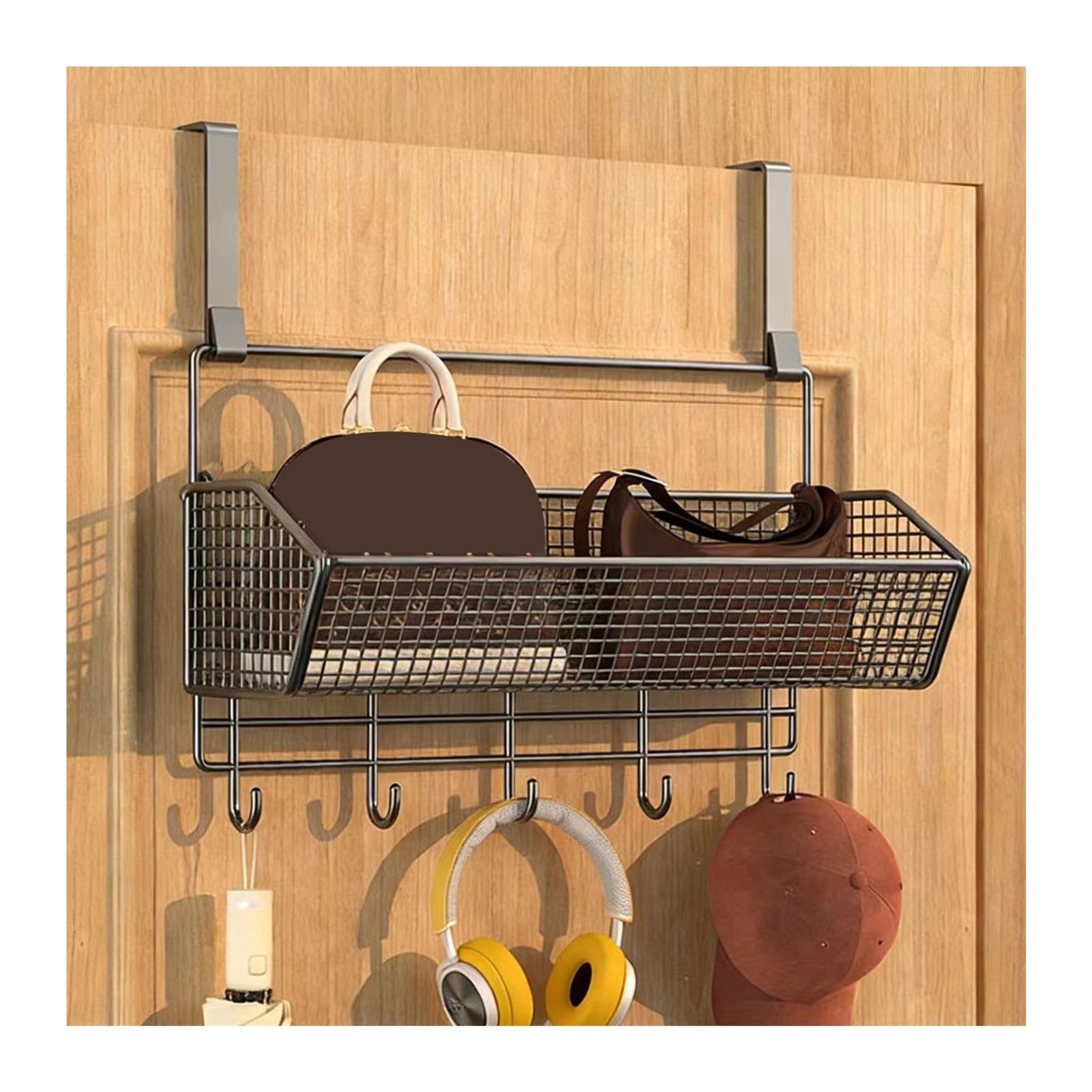 Organizzatore da Appendere alla Porta con 1-3 cestini e 4 Ganci, Ripiani in Metallo, Soluzione per riporre Oggetti Dietro la Porta del Bagno e della Camera da Letto (36x12x19,2+20,5 cm)