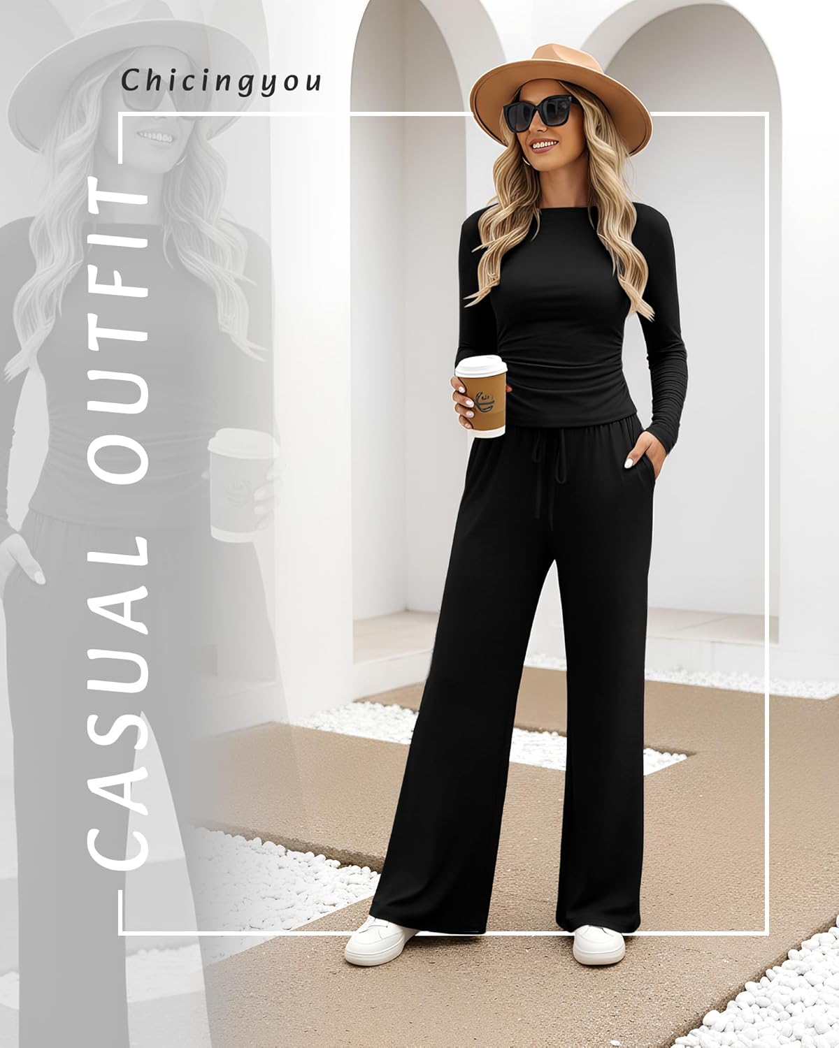 Women's 2 Piece Set 2025 Fall Casual Lounge Set Long Sleeve Tracksuit Crop Top Wide Leg Pant Matching Lounge Sets - Image 4
