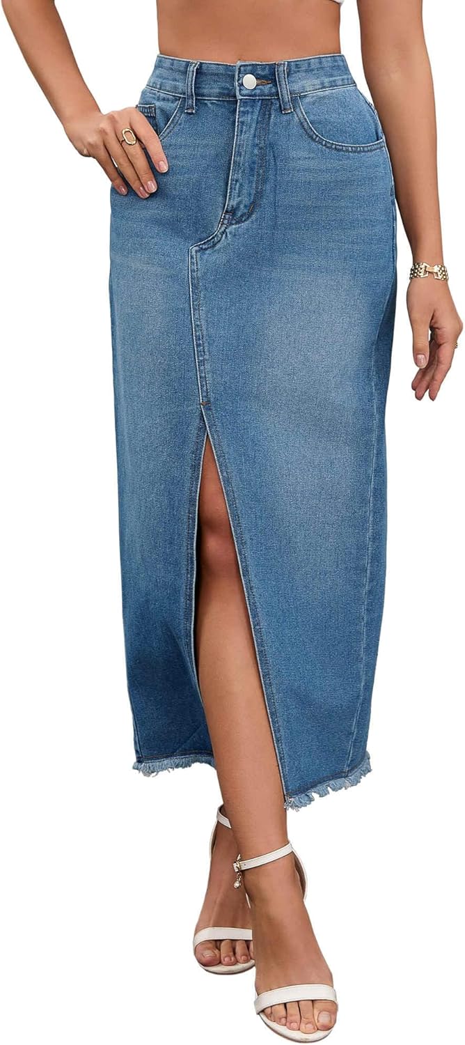 Women's Denim Skirt High Waist Split Front Raw Hem Washed Maxi Jean Skirts