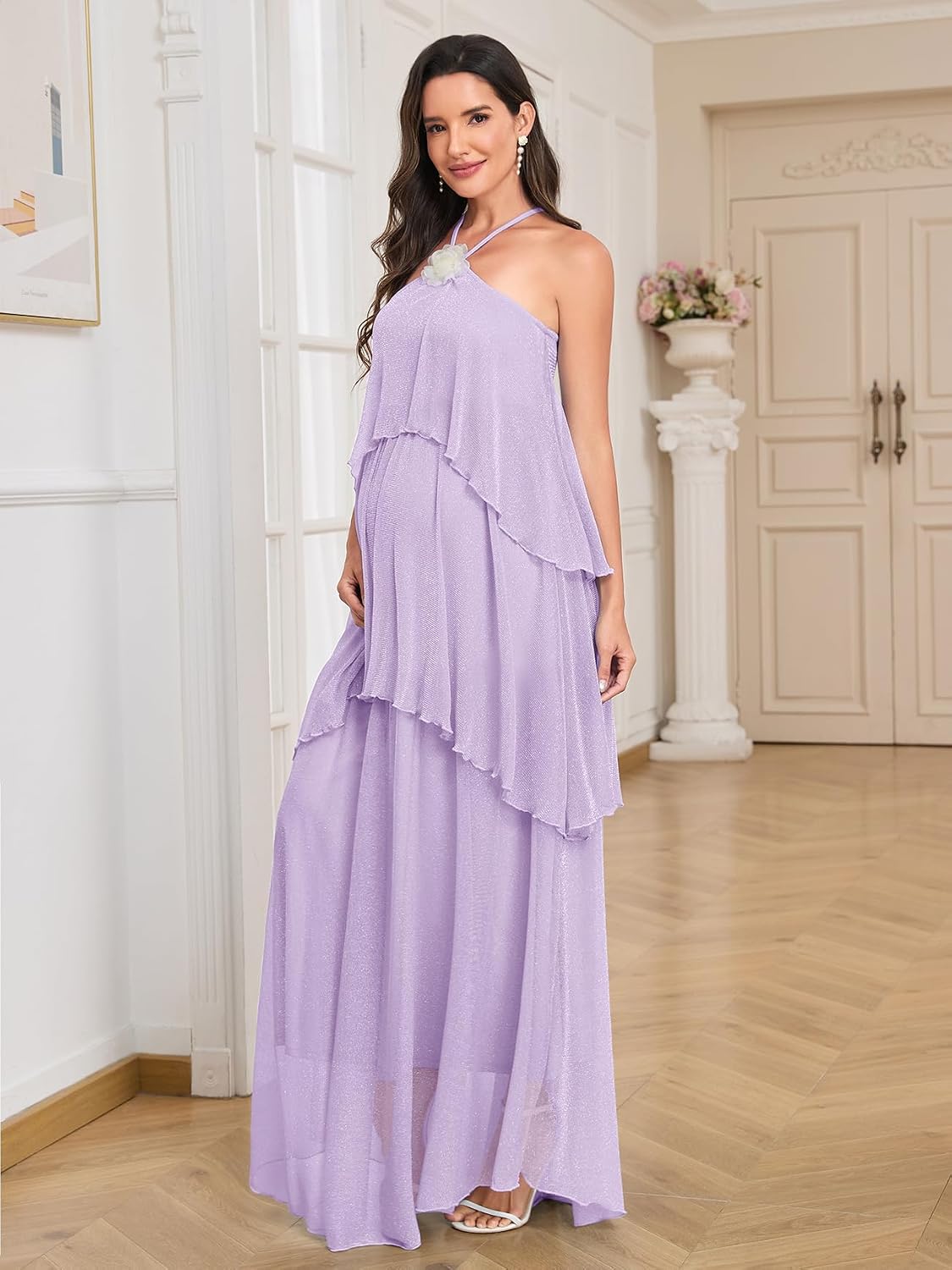 AISWI Maternity Halter Neck Maxi Dress Sparkly Mesh Tiered Ruffle Pregnancy Gown with Flower for Baby Shower Photoshoot