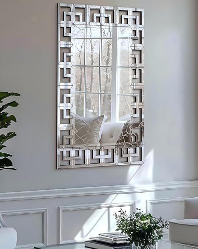 Miniatura 10 de Espejo de pared griego decorativo 40 x 28 pulgadas rectangular grande plateado con borde de marco de vidrio biselado, espejo veneciano moderno