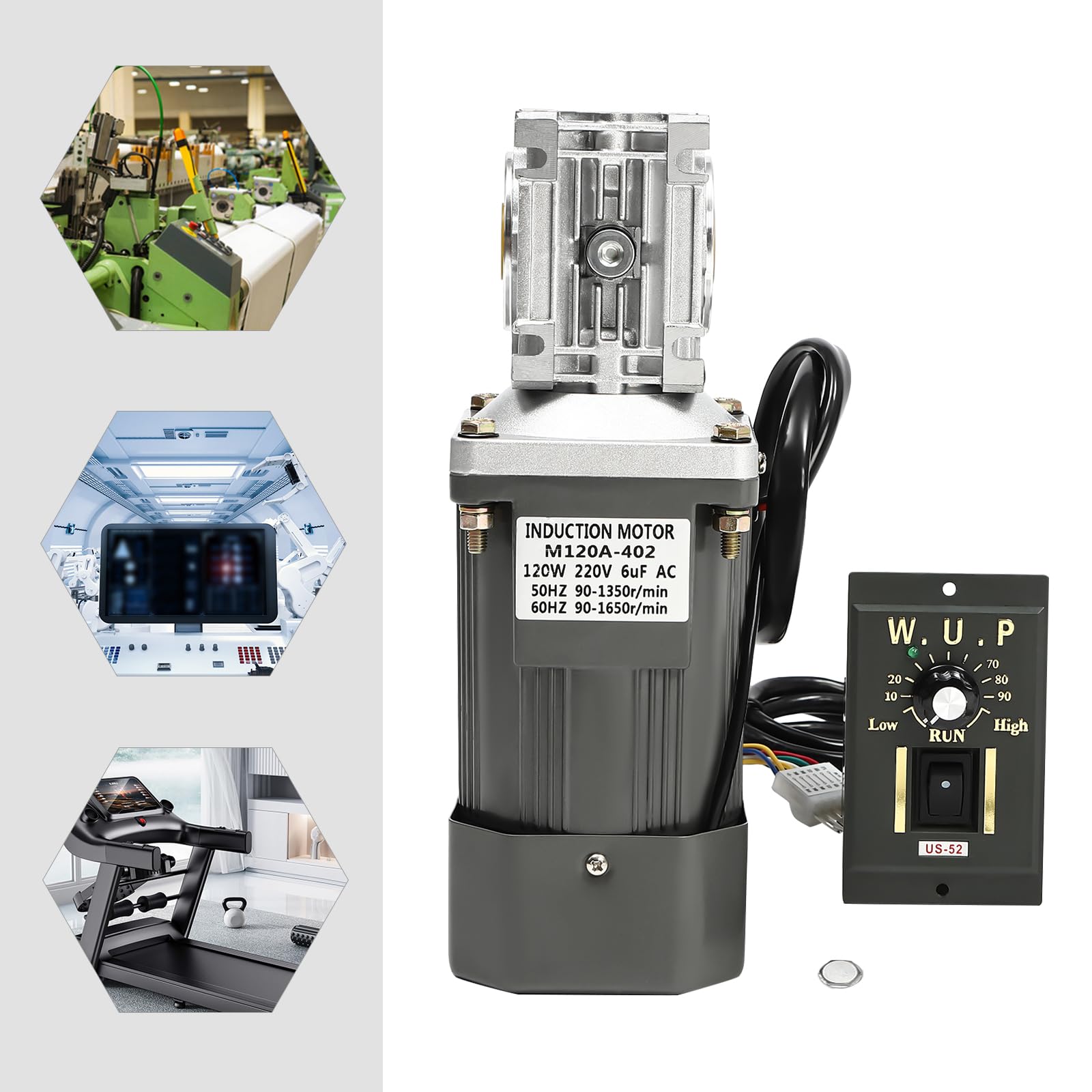 Motor de engranaje de tornillo sin fin de 120 W con regulador de velocidad, CA 220 V, 1650 rpm, relación de reducción 30:1, diámetro del eje de 14 mm, reversible, aluminio aleado, verde/blanco/naranja