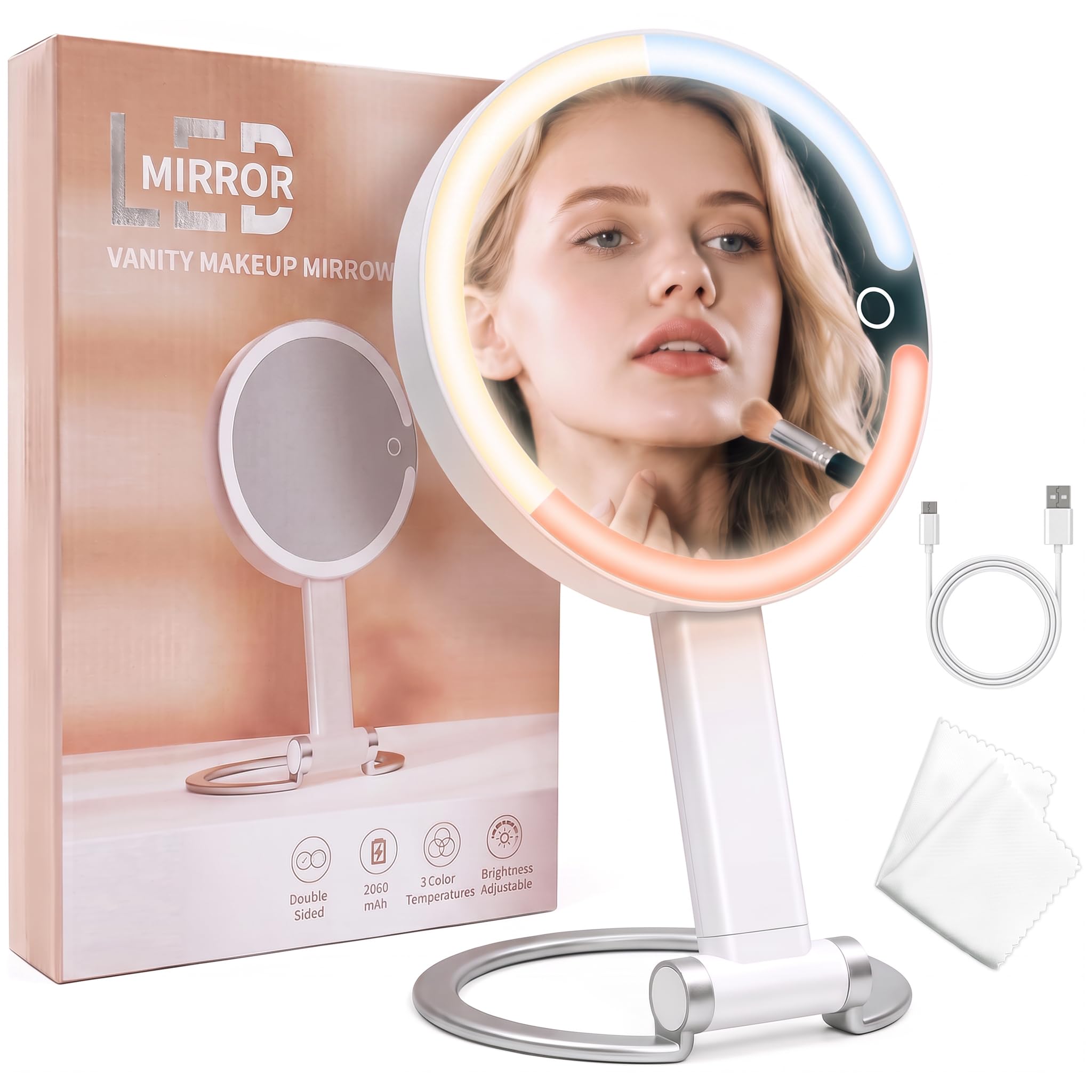 Specchio da trucco con luci, ingrandimento 10x, specchio ingranditore illuminato su entrambi i lati con illuminazione a 3 colori e oscuramento continuo, batteria ricaricabile da 2000 mAh, specchio LED