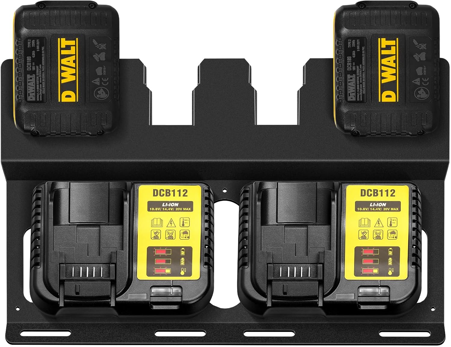 Wall Mount Bracket for DeWalt Battery and DCB112 Charger, Metal Black Rugged 4 Battery Holder and Charger Holder for Tool Room and Garage
