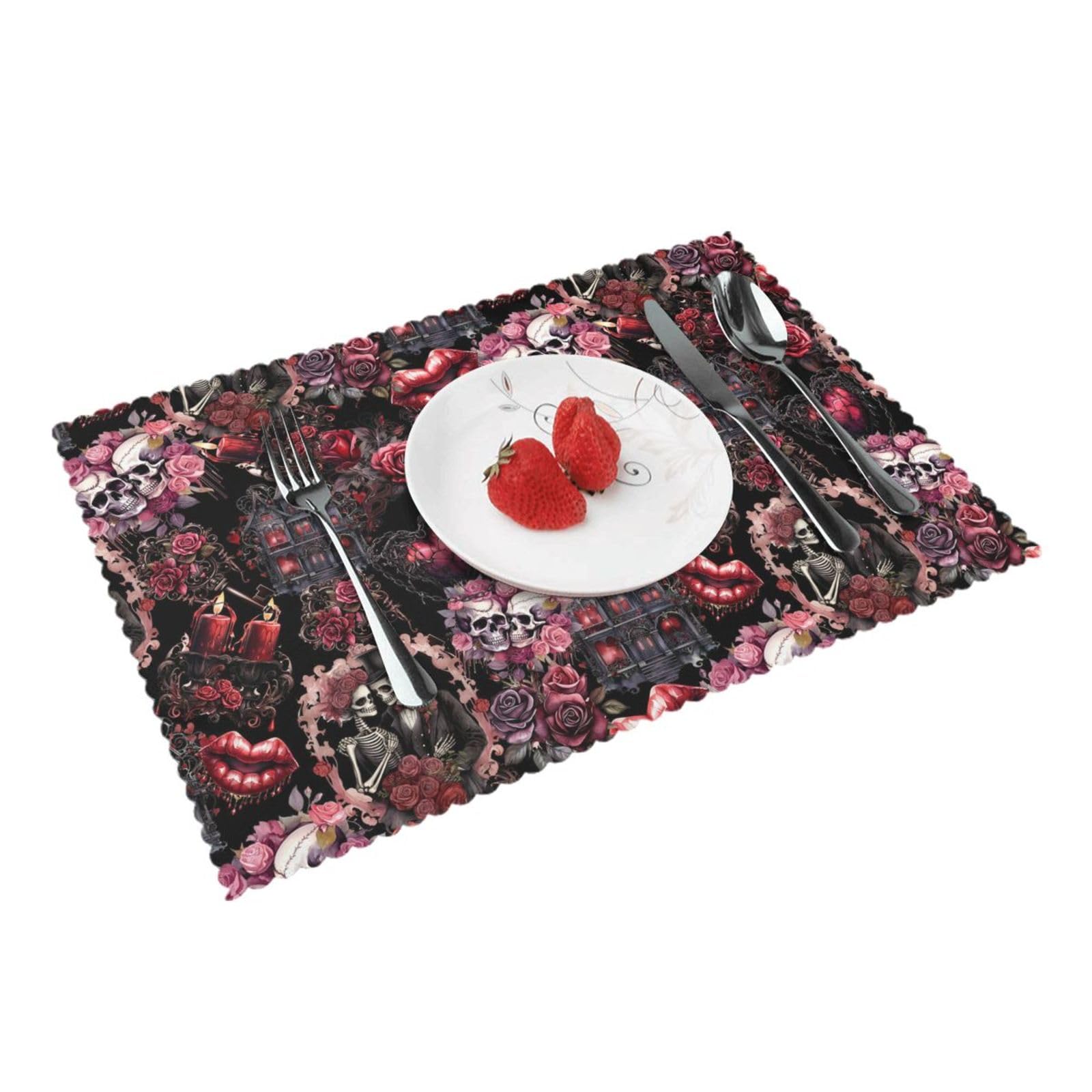 Sugar Skull Lips Roses Placemats Set of 4 Print Table Mats Place Mats Table Decor for Kitchen Dining 12X18 in