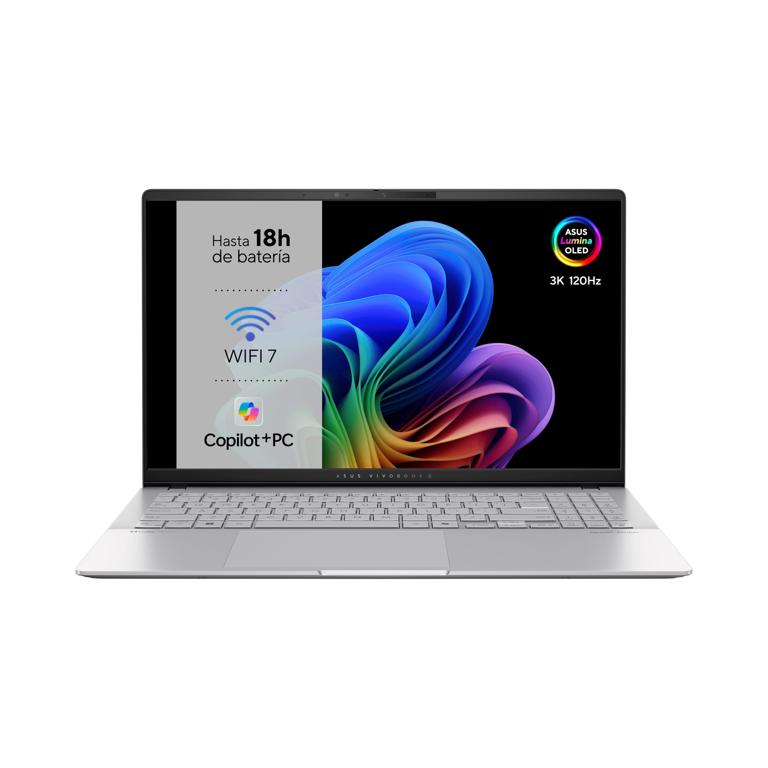 ASUS Vivobook S 15 OLED S5507QA-​MA012W Copilot+ PC - Ordenador Portátil 15.6" Wide Quad HD+ 120Hz (Qualcomm Snapdragon X1P42100-​16GB RAM- 512GB SSD- Adreno GPU- Windows 11 Home) Plata Fría - Teclad