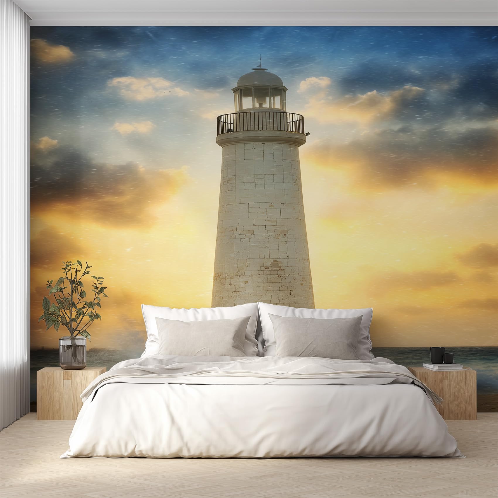 Papier peint panoramique phare et mer nautique intissé de format XXL L450 x H315 cm